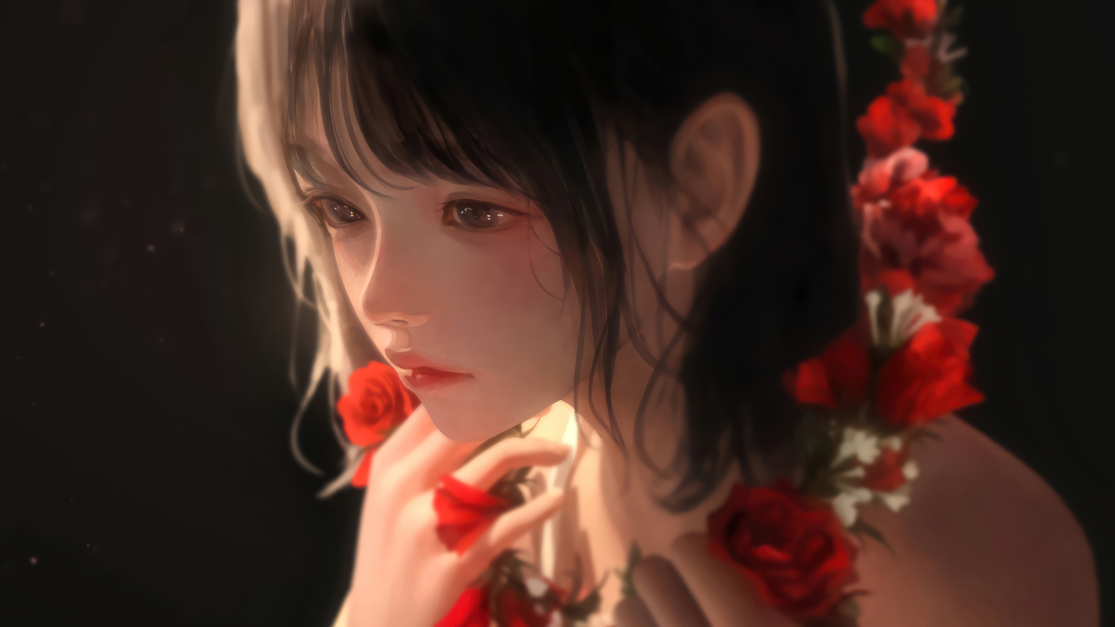 Anime Girl with Black and White Hair and Roses 4K HD Wallpaper