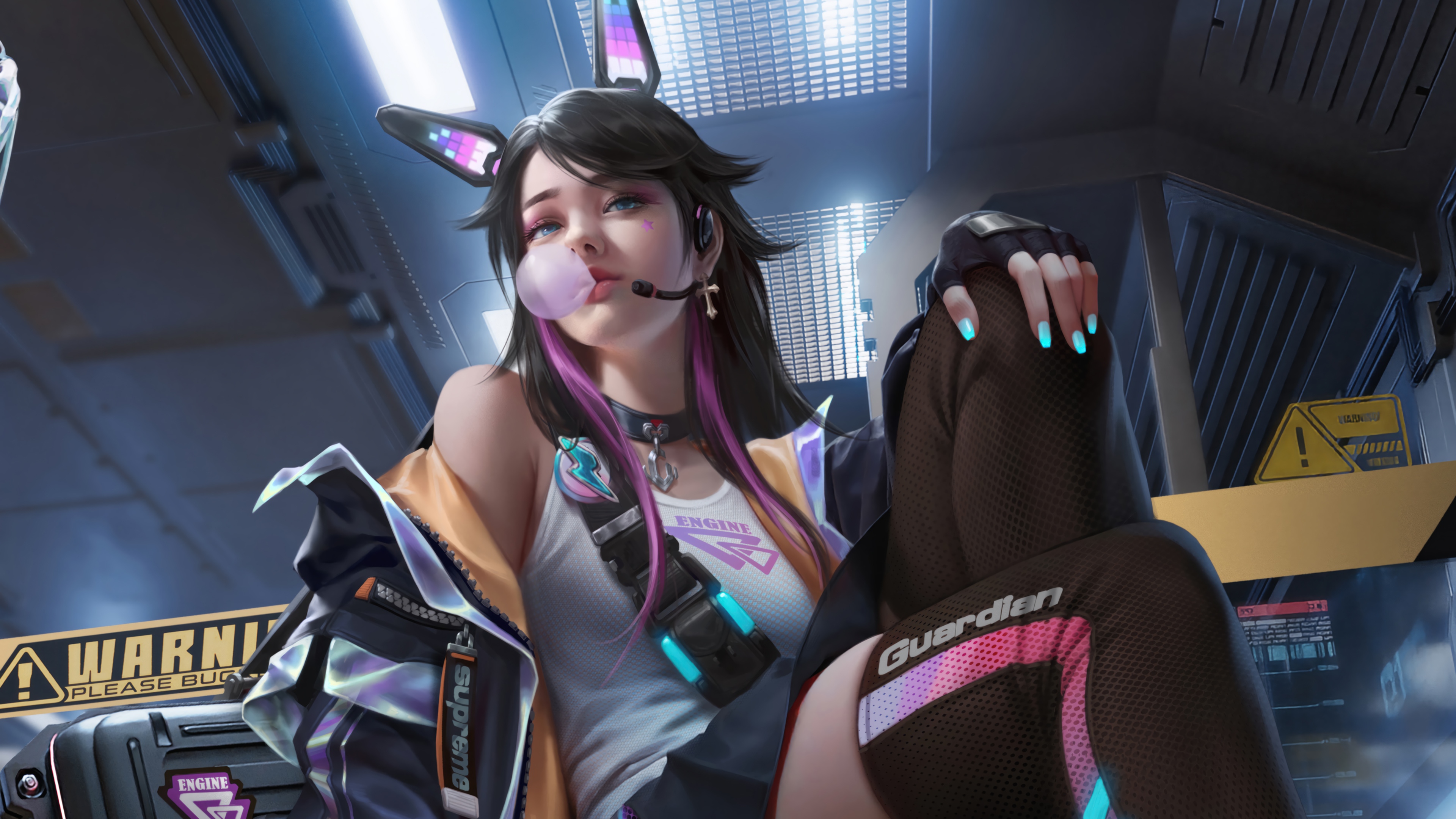 Anime Girl with Bunny Ears Blowing Bubblegum HD Wallpaper