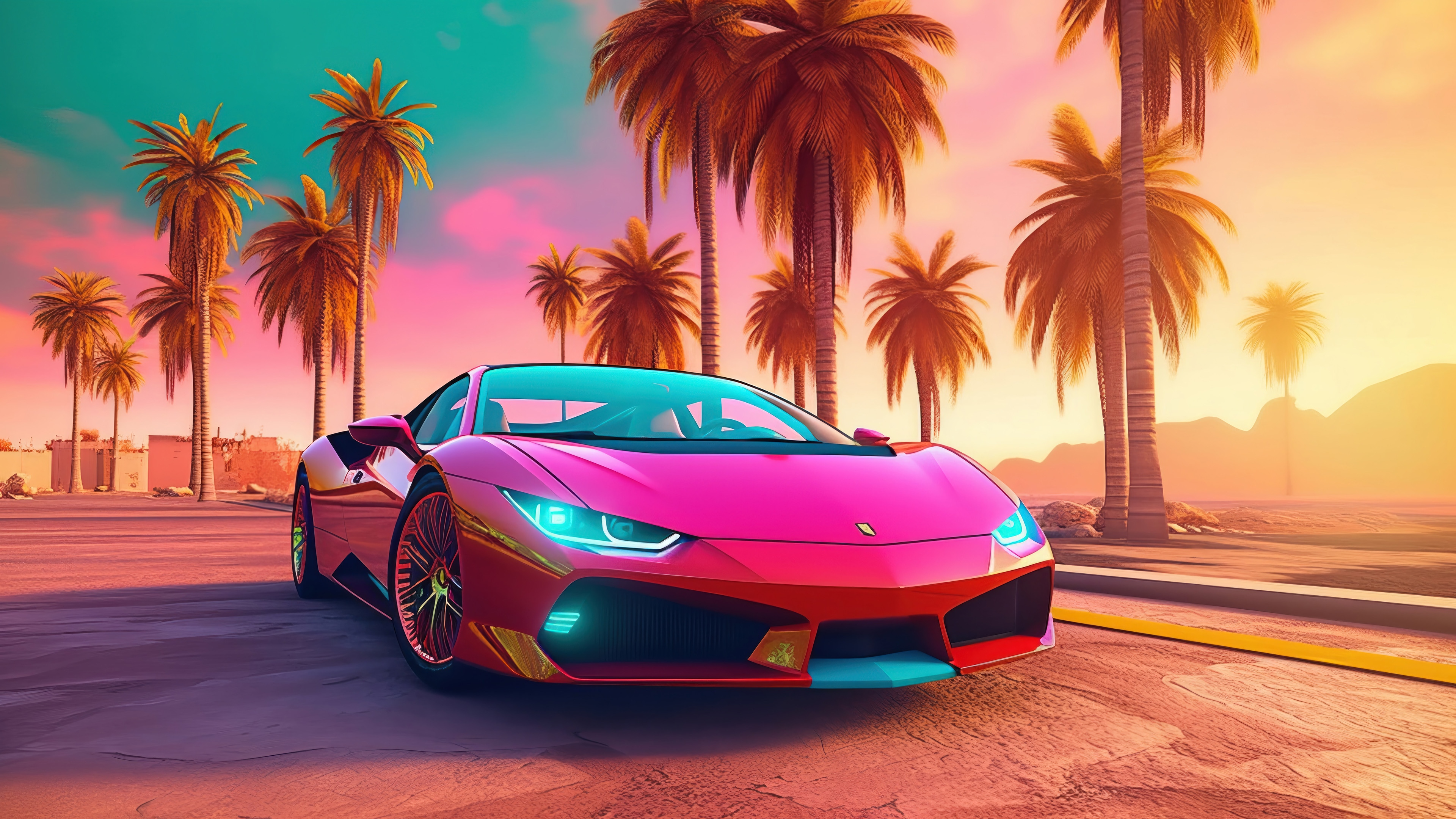 Pink Sports Car with Palm Trees and Sunset HD Wallpaper