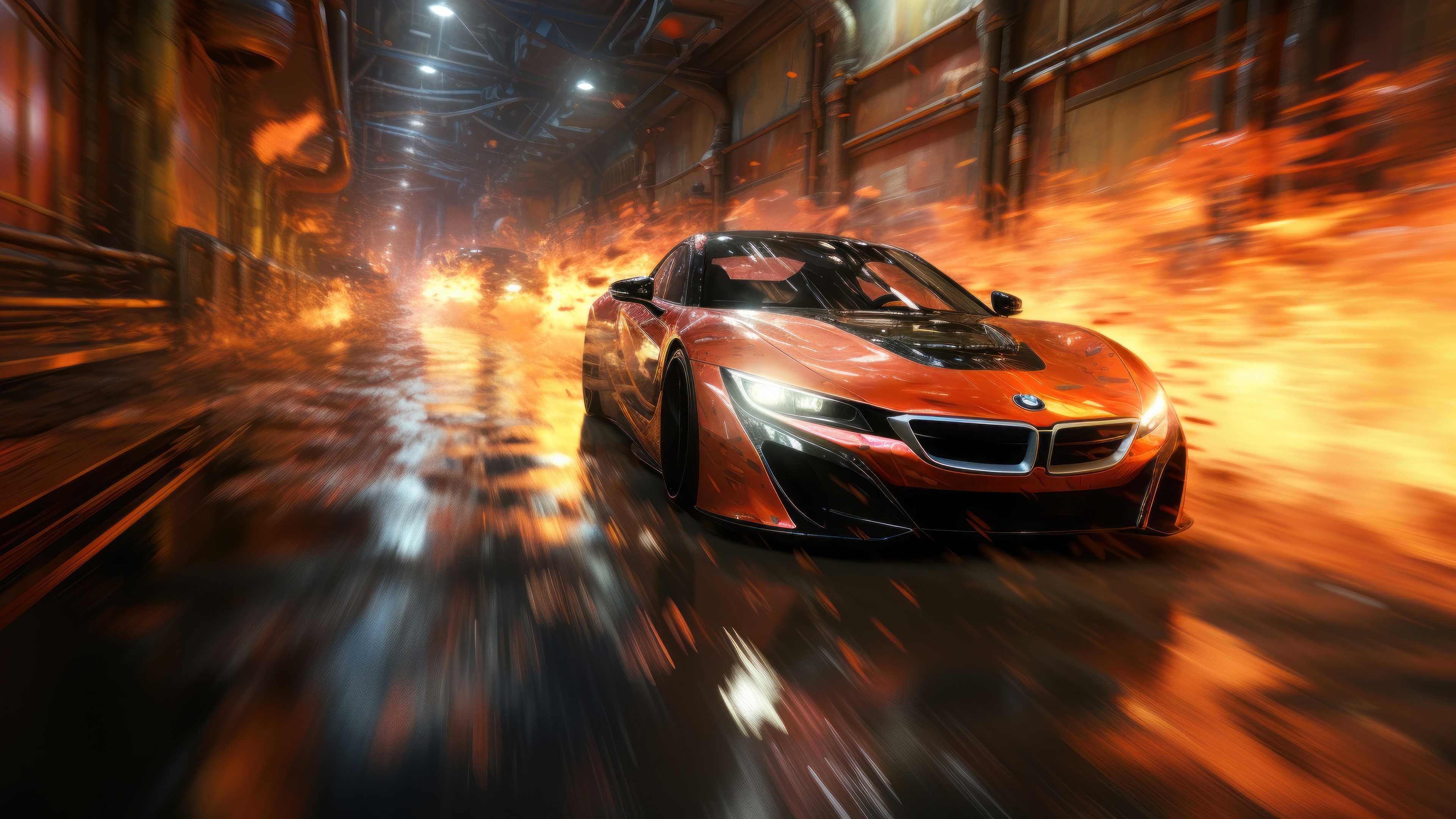 BMW Sports Car in a Burning Tunnel 4K HD Wallpaper