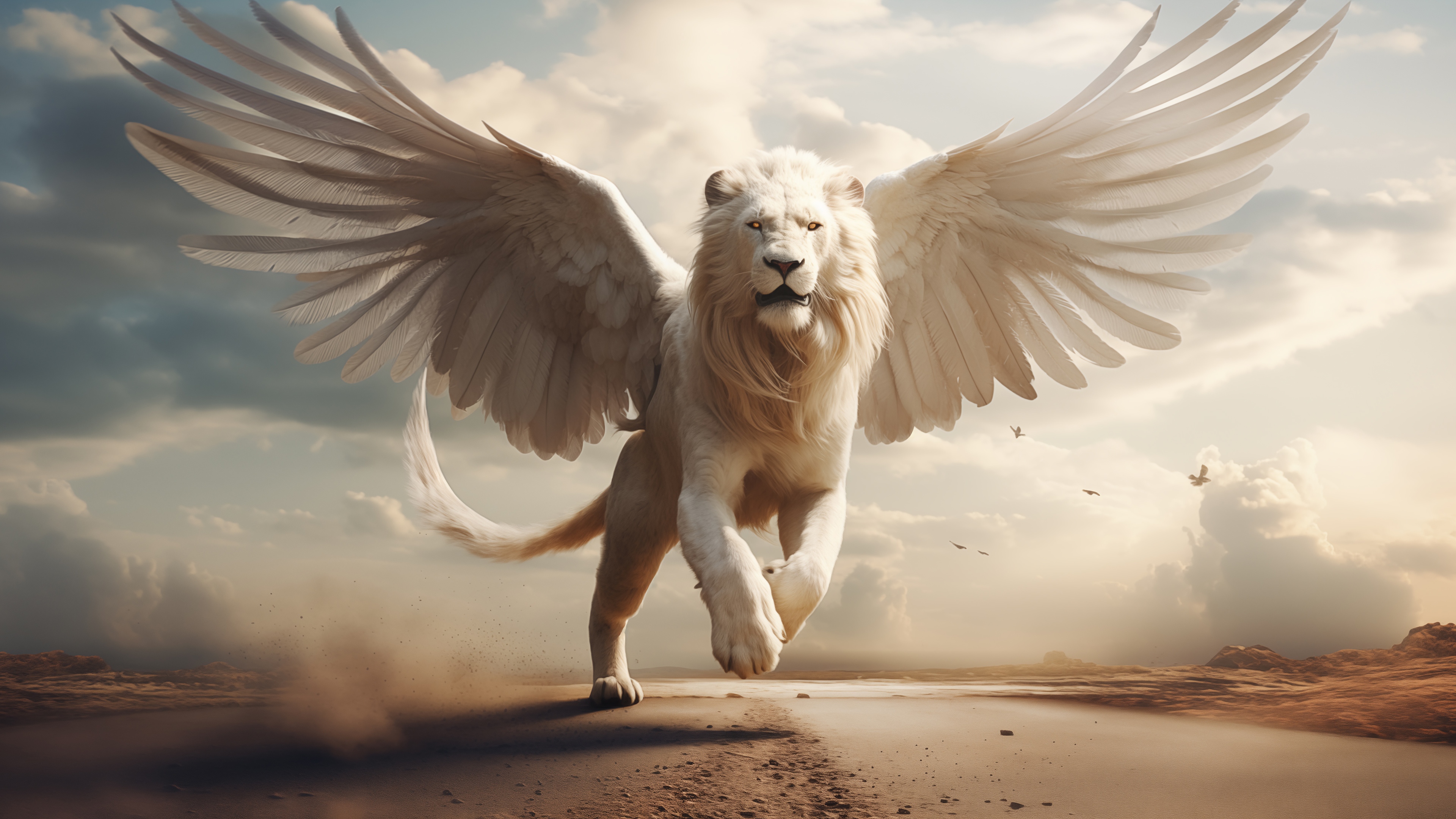 White Lion with Wings Running on Sandy Ground HD Wallpaper