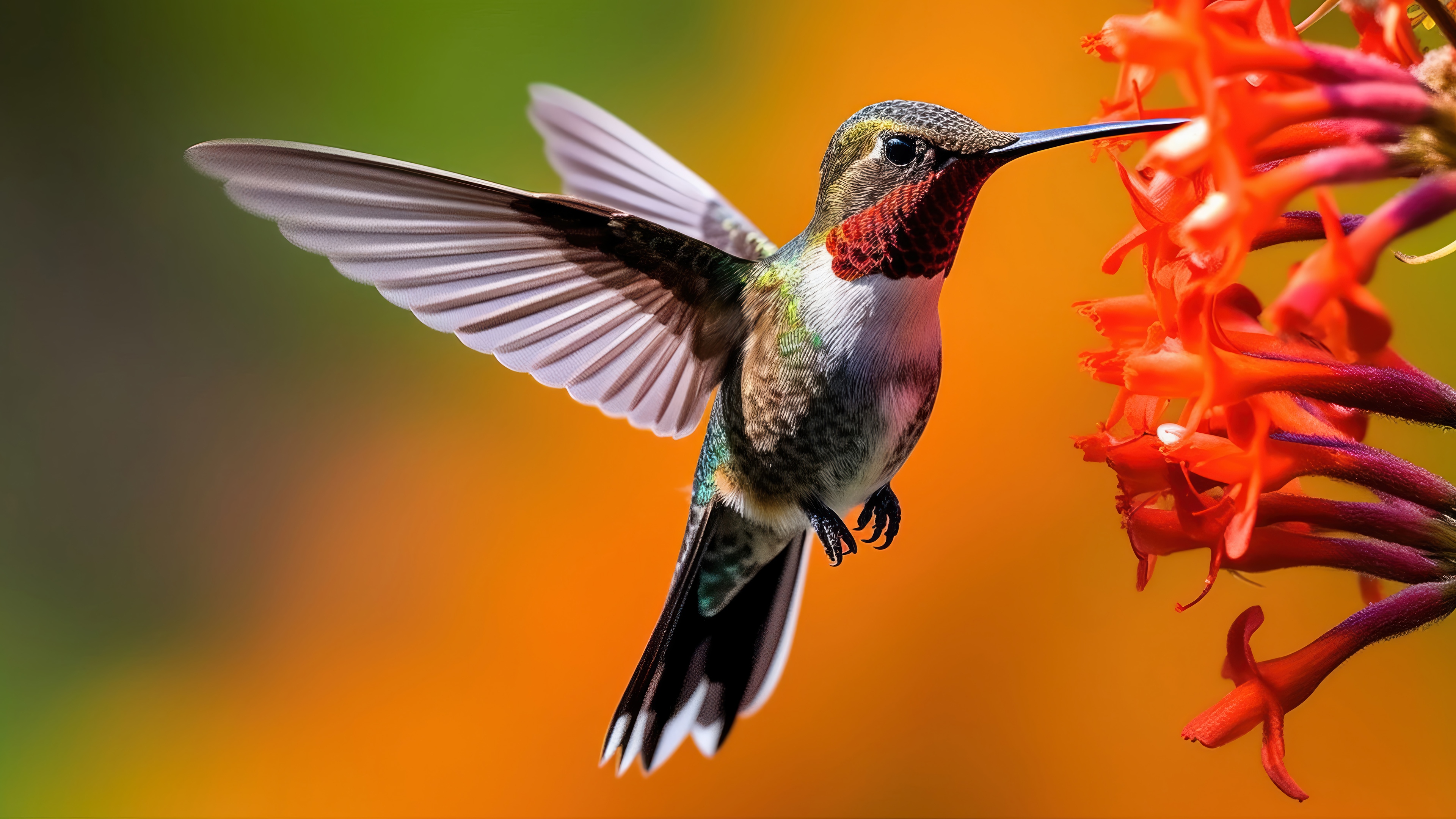 Hummingbird feeding on orange flowers in 4K HD Wallpaper