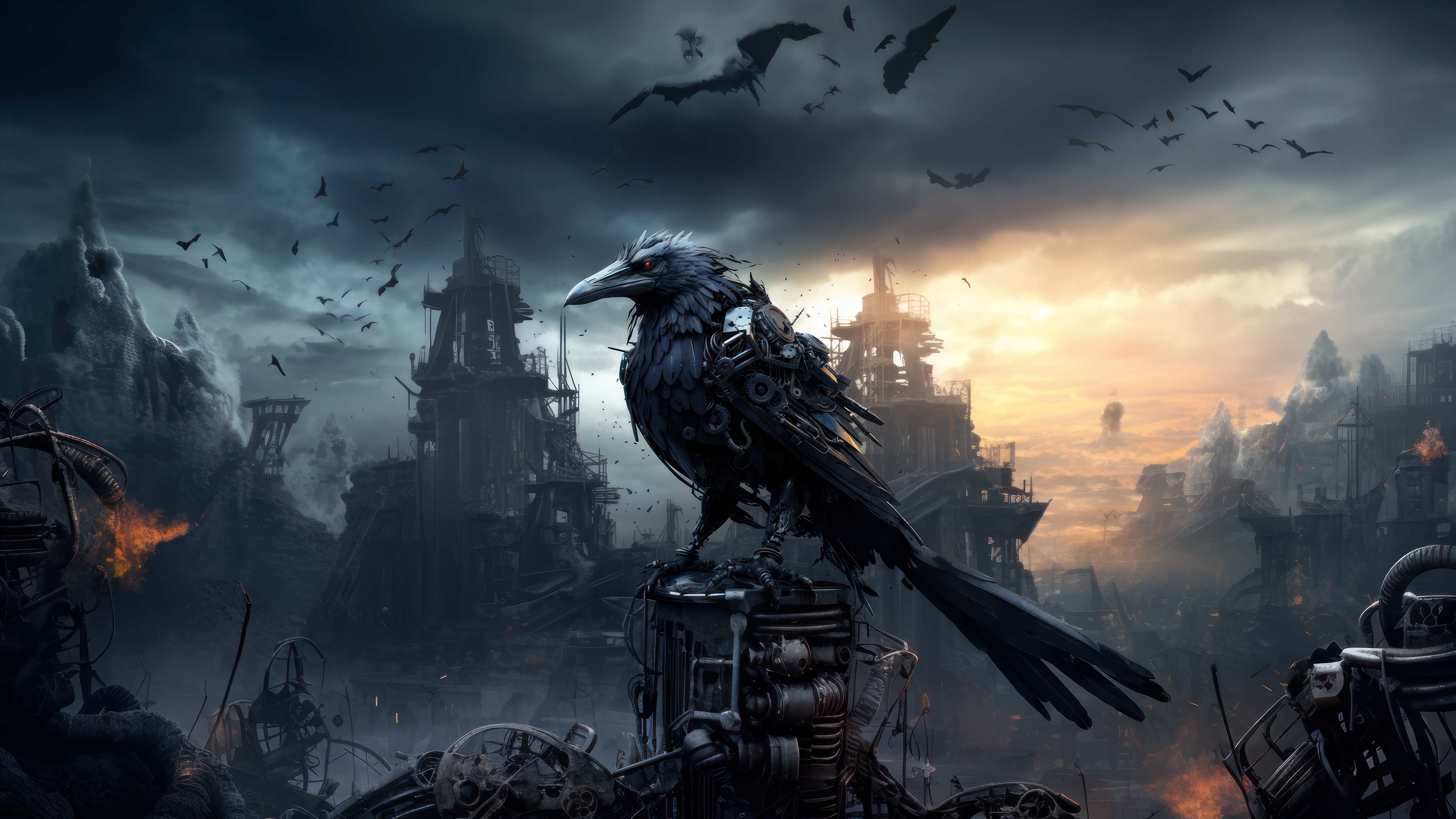 Fantasy Crow in a Post-Apocalyptic Cityscape 4K HD Wallpaper