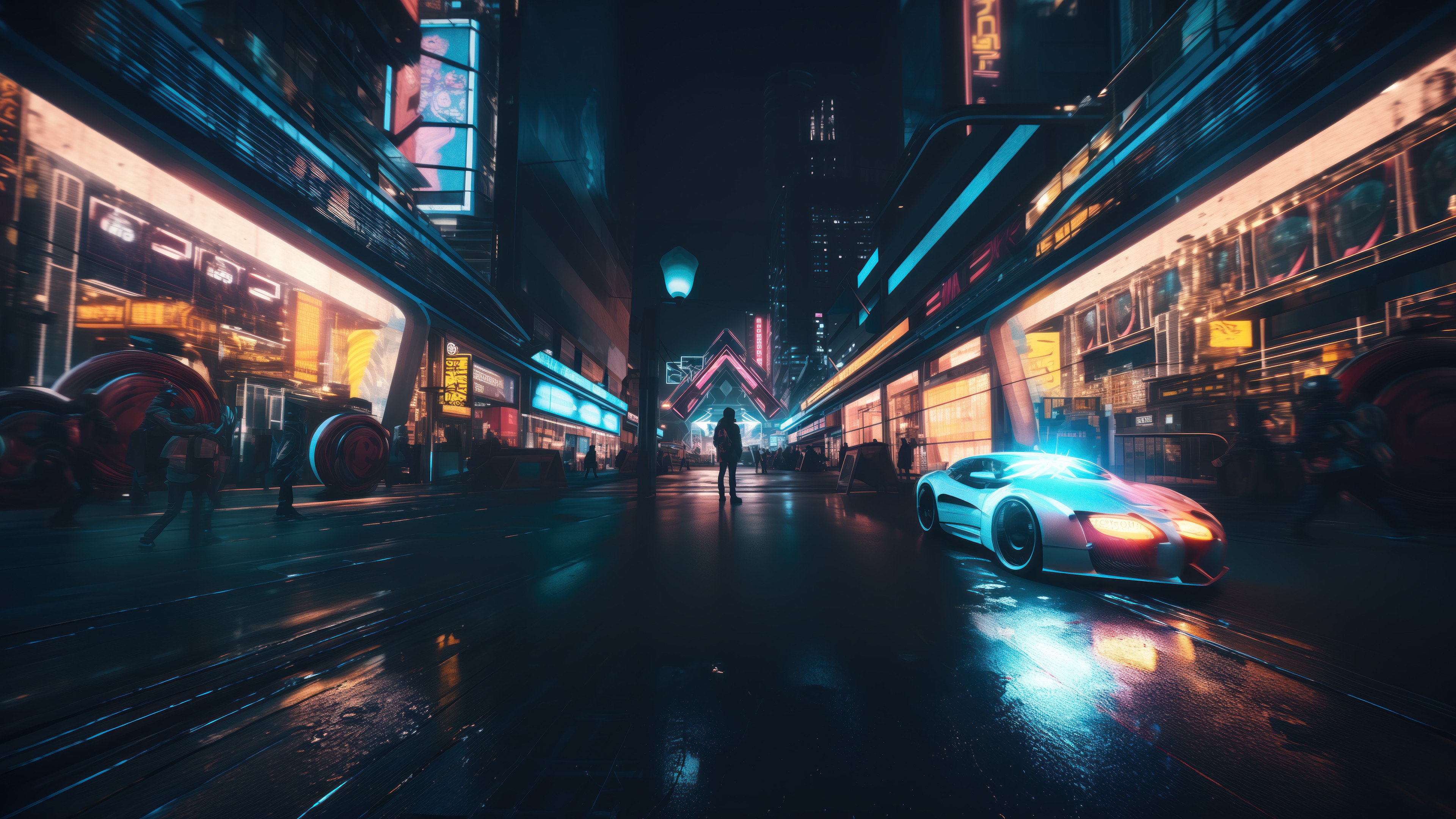 Cyberpunk City Street at Night 4K HD Wallpaper