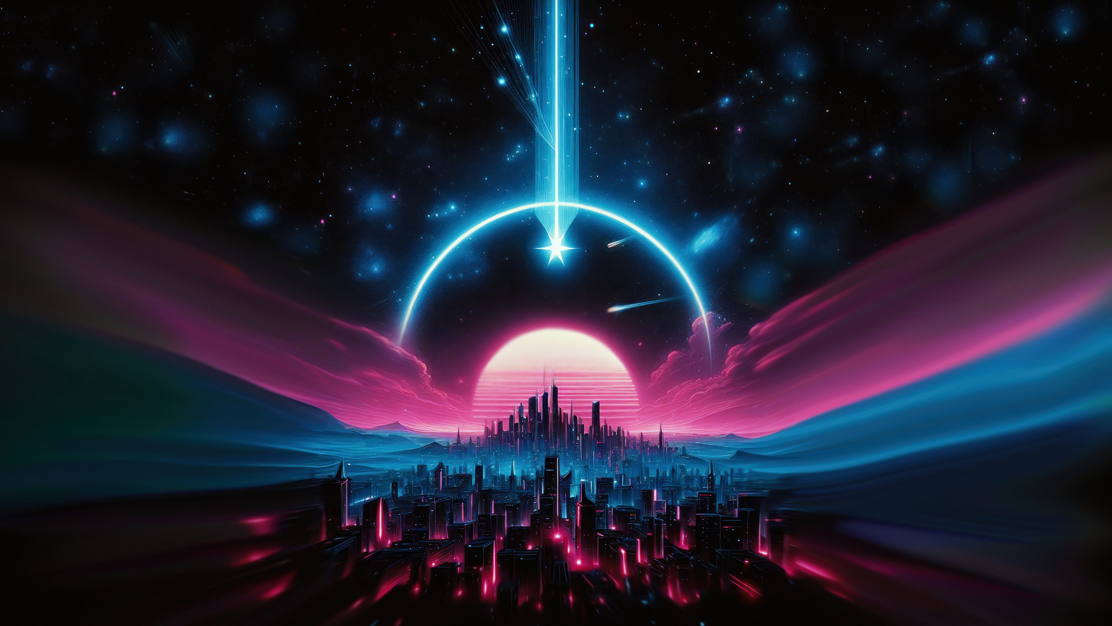 Retrowave Cityscape with Neon Sun and Cosmic Beam HD Wallpaper