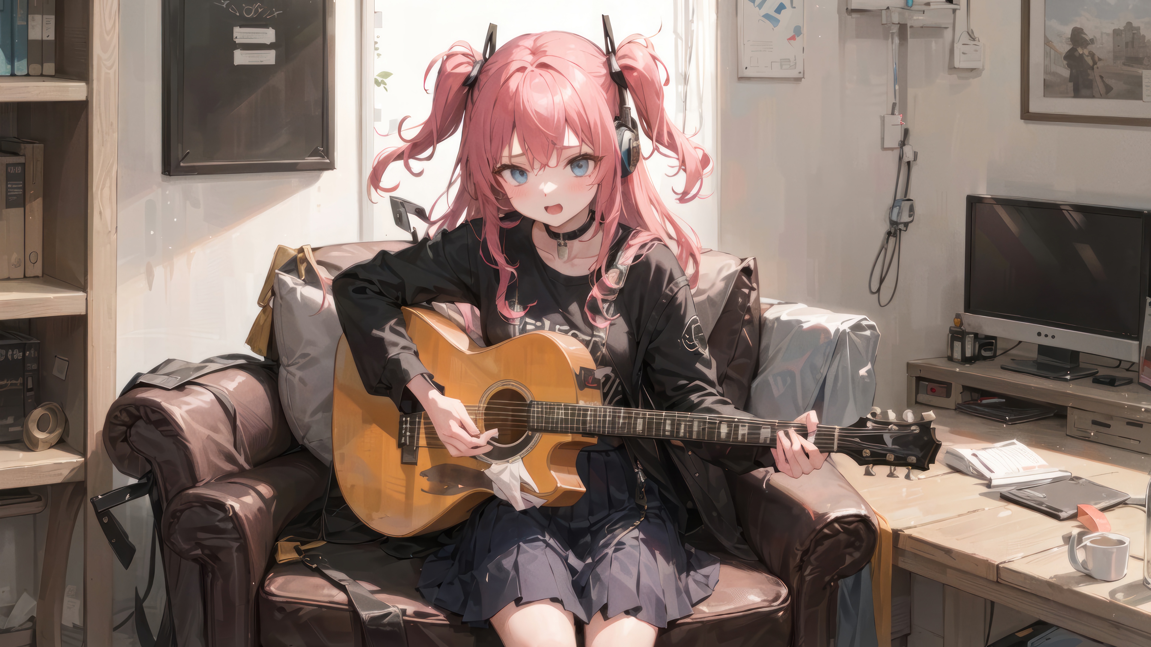 Anime girl with pink hair playing guitar HD Wallpaper