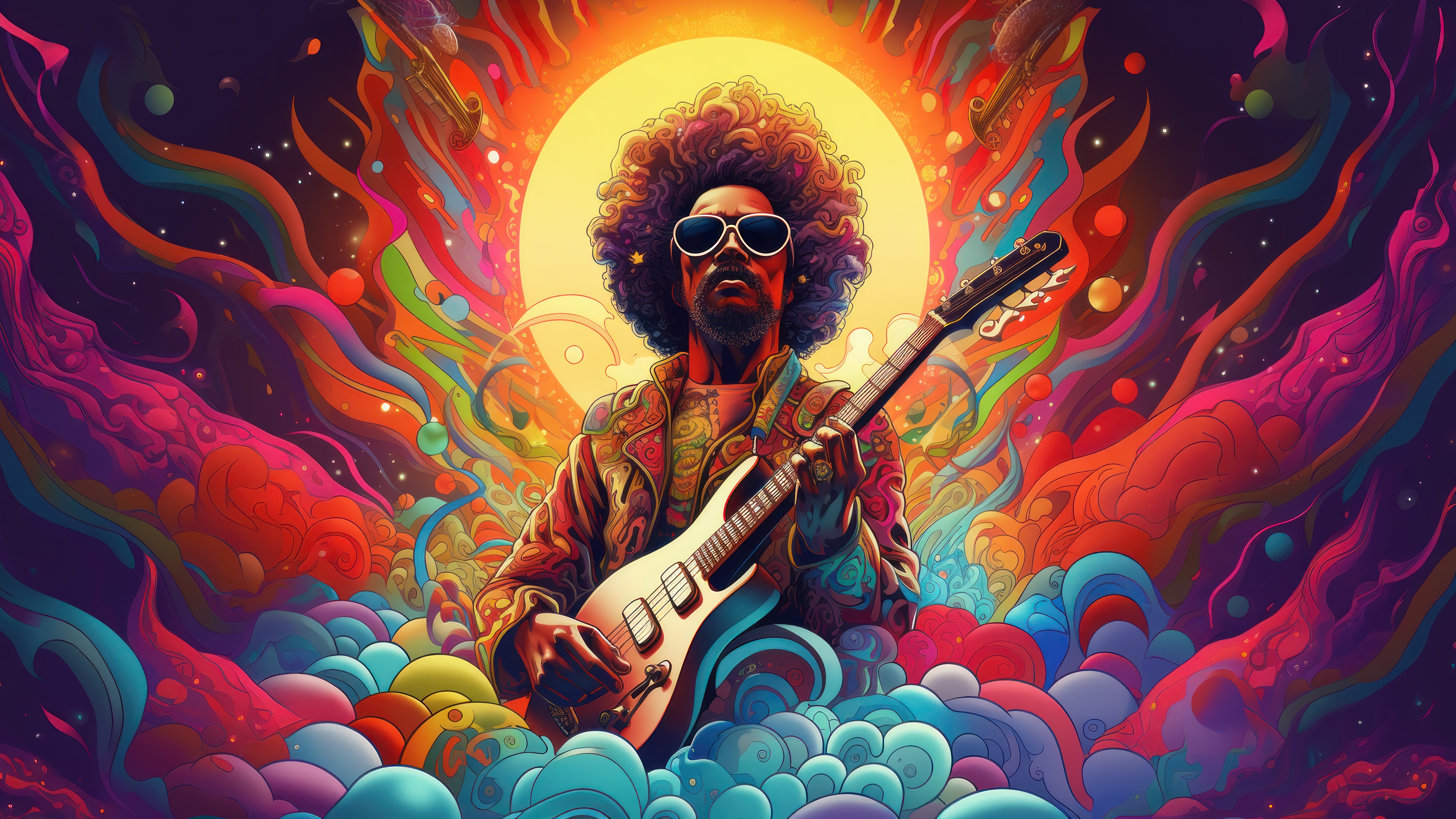 Man with Afro and Guitar in Colorful Psychedelic Art 4K HD Wallpaper