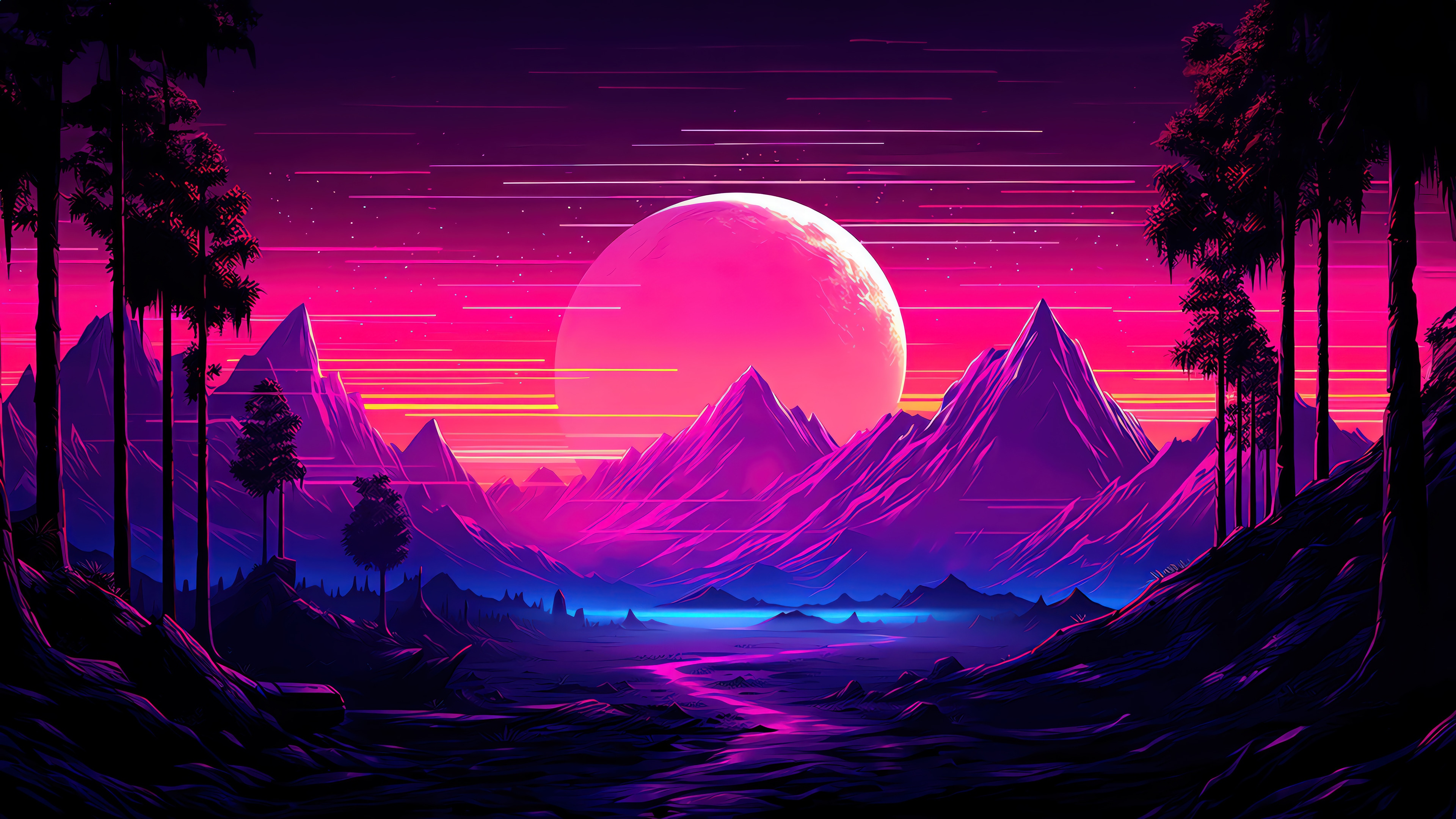 Retrowave mountain landscape with a large moon HD Wallpaper