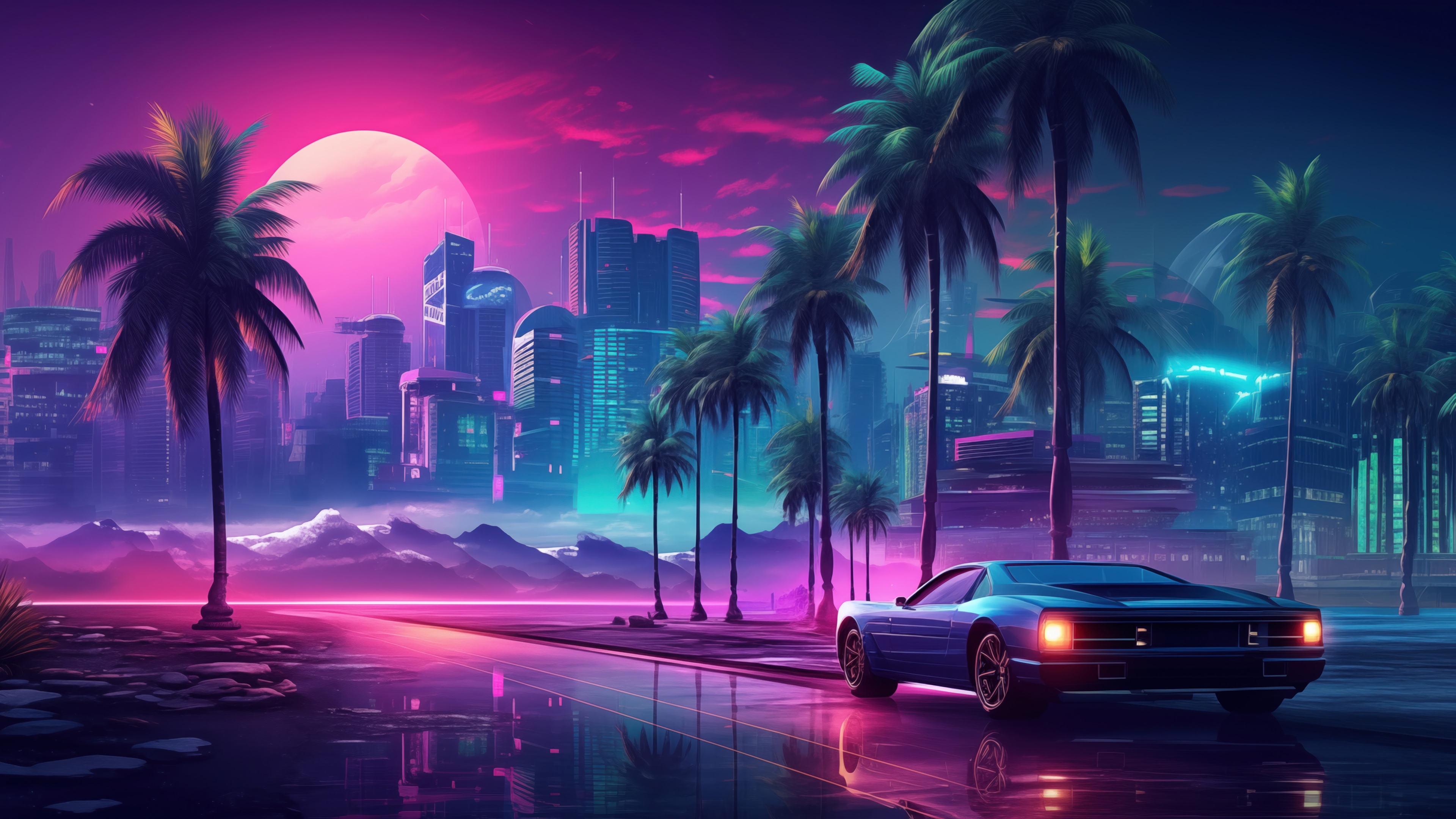 Synthwave Sports Car with Palm Trees and Cityscape at Sunset 4K HD Wallpaper
