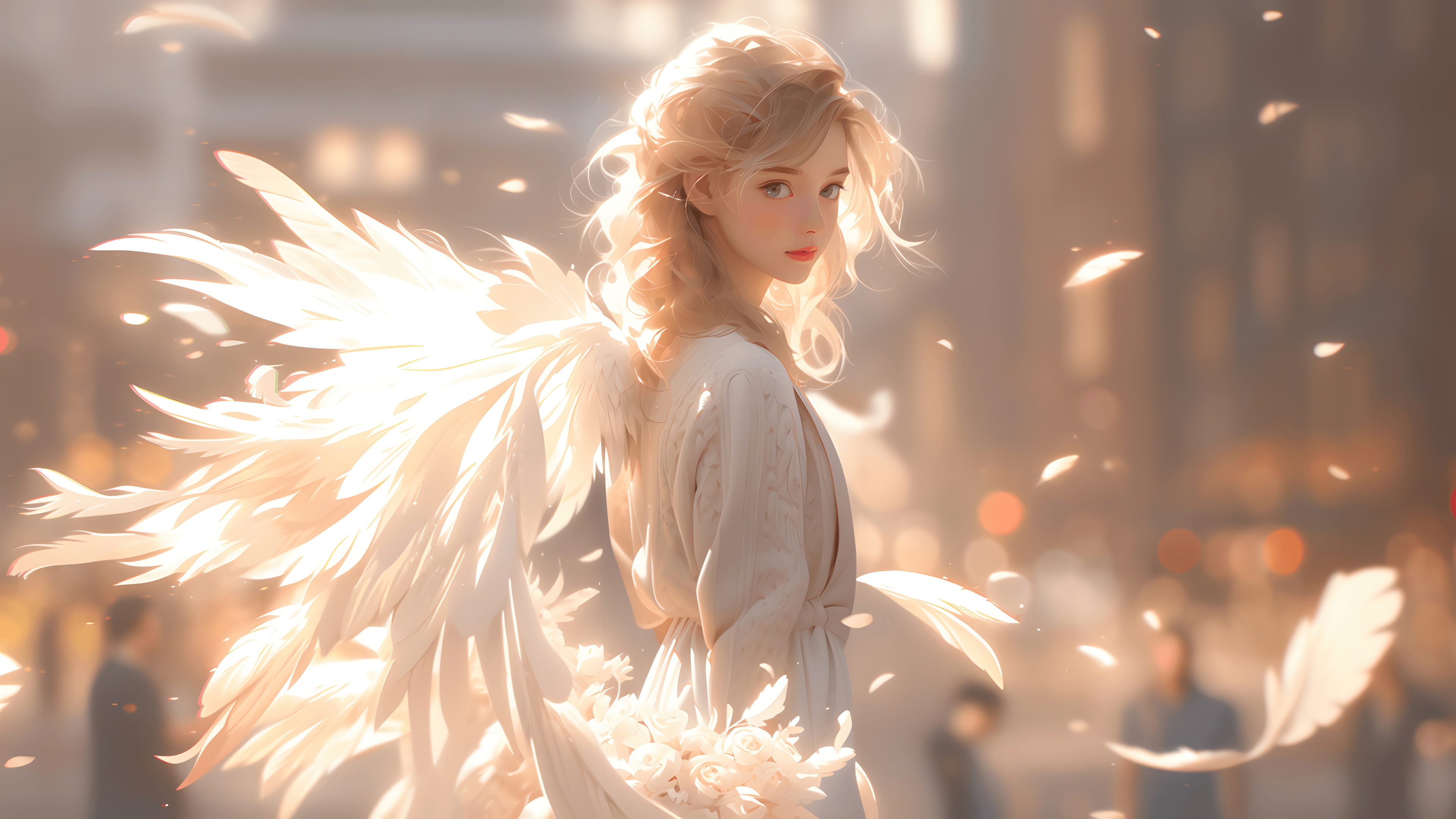 Blonde Angel with White Wings in 4K HD Wallpaper