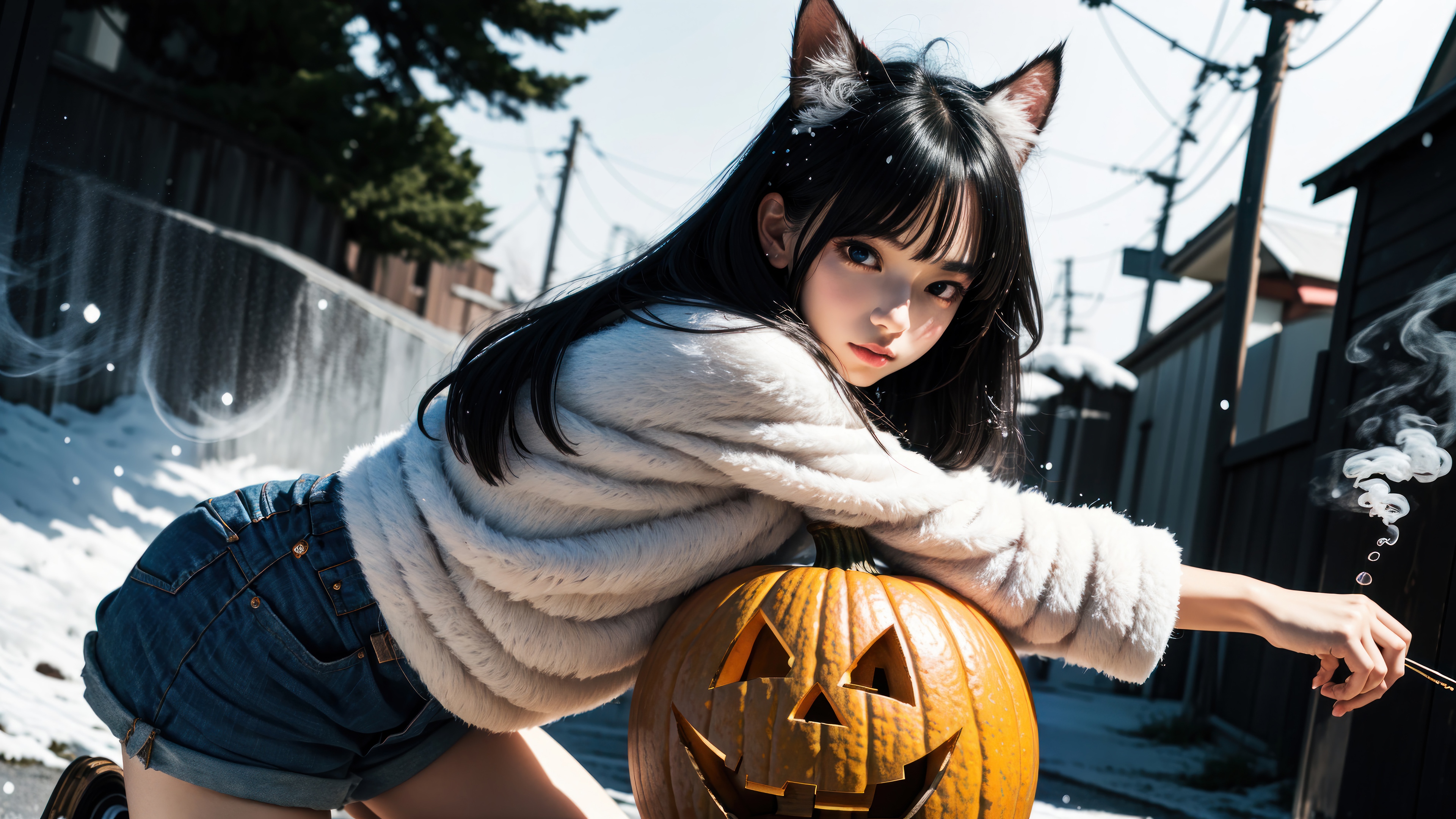 Anime Girl with Cat Ears and Halloween Pumpkin HD Wallpaper
