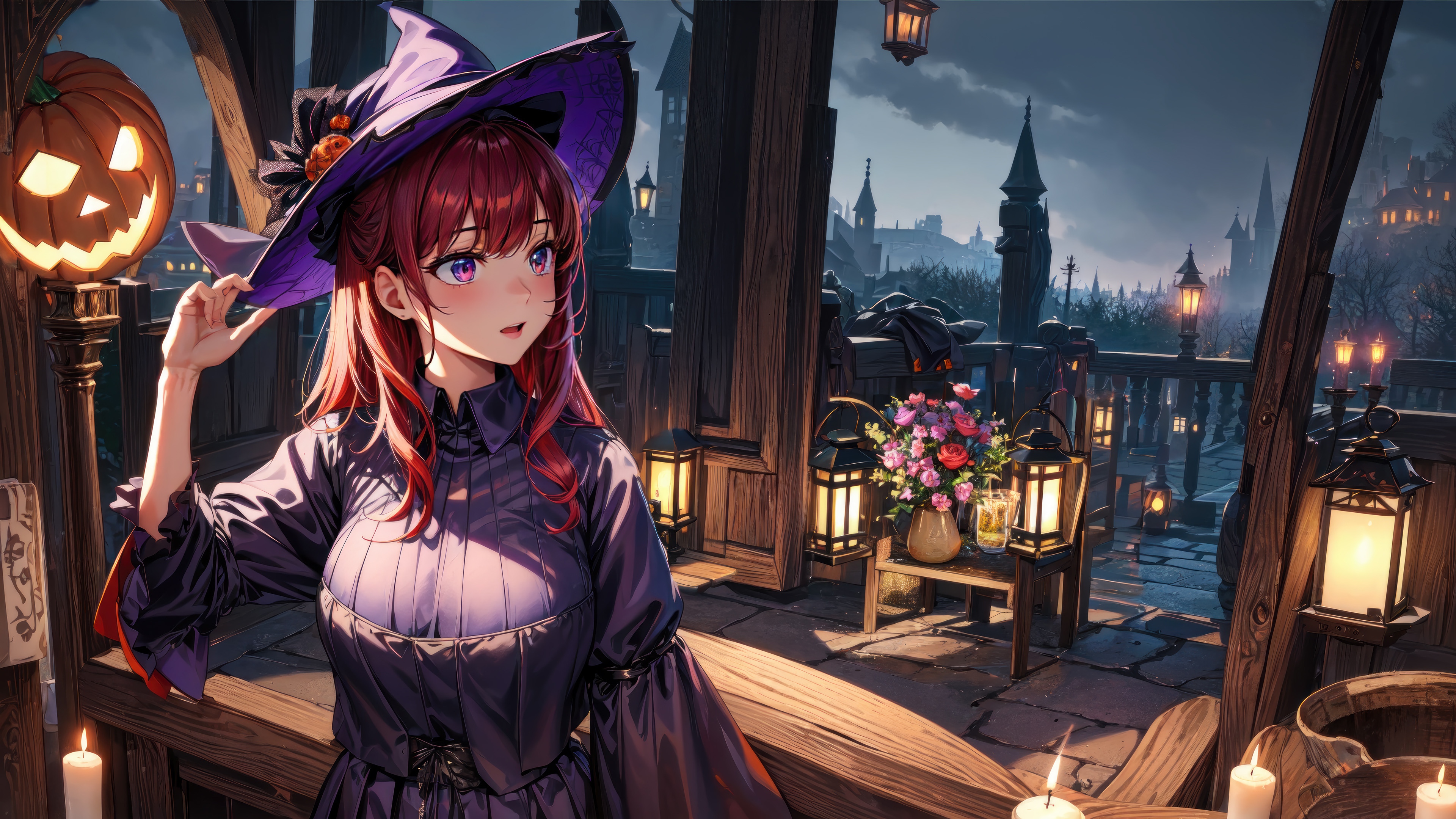 Anime Witch Girl in Halloween Setting 4K HD Wallpaper