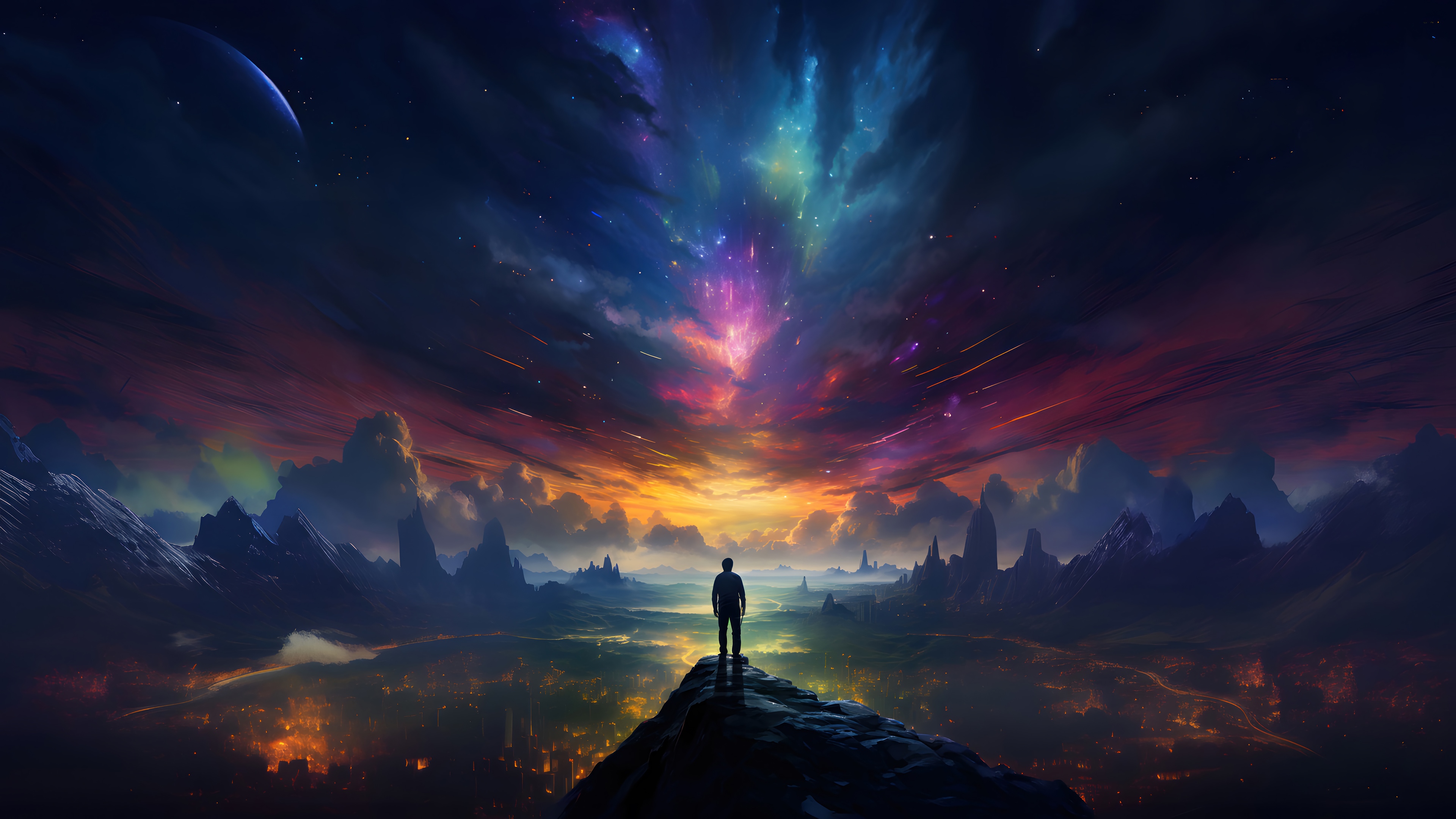 Man Standing Alone Under Colorful Cosmic Sky 4K HD Wallpaper