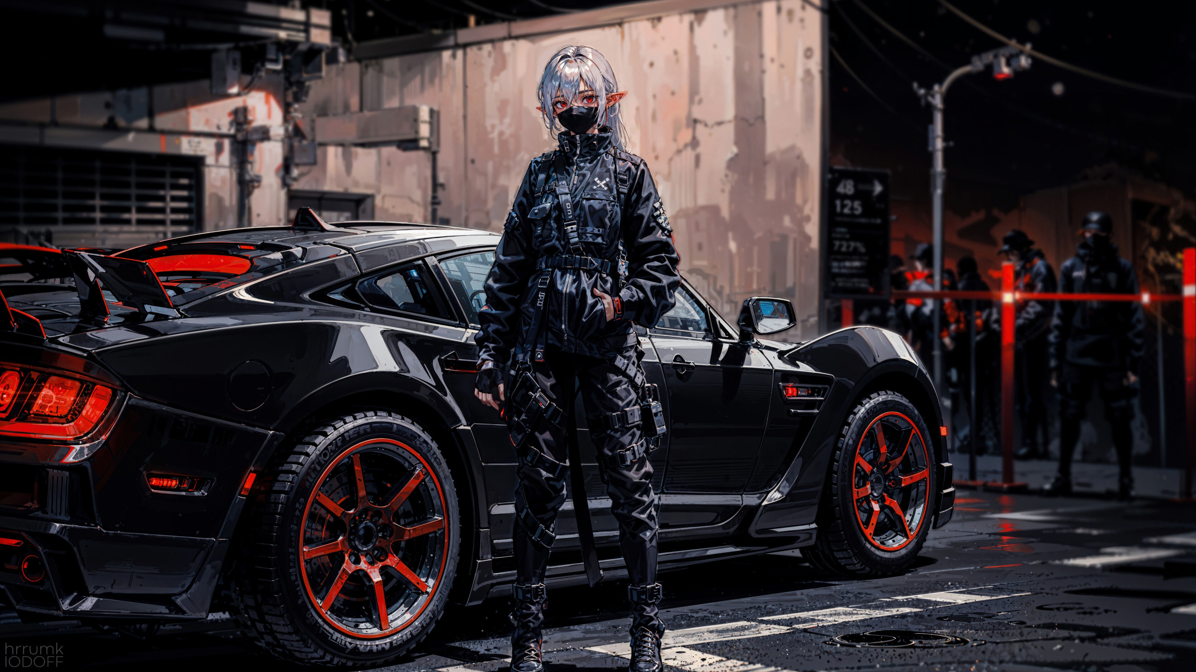 Anime Elf Girl in Tactical Gear with Sports Car 4K HD Wallpaper