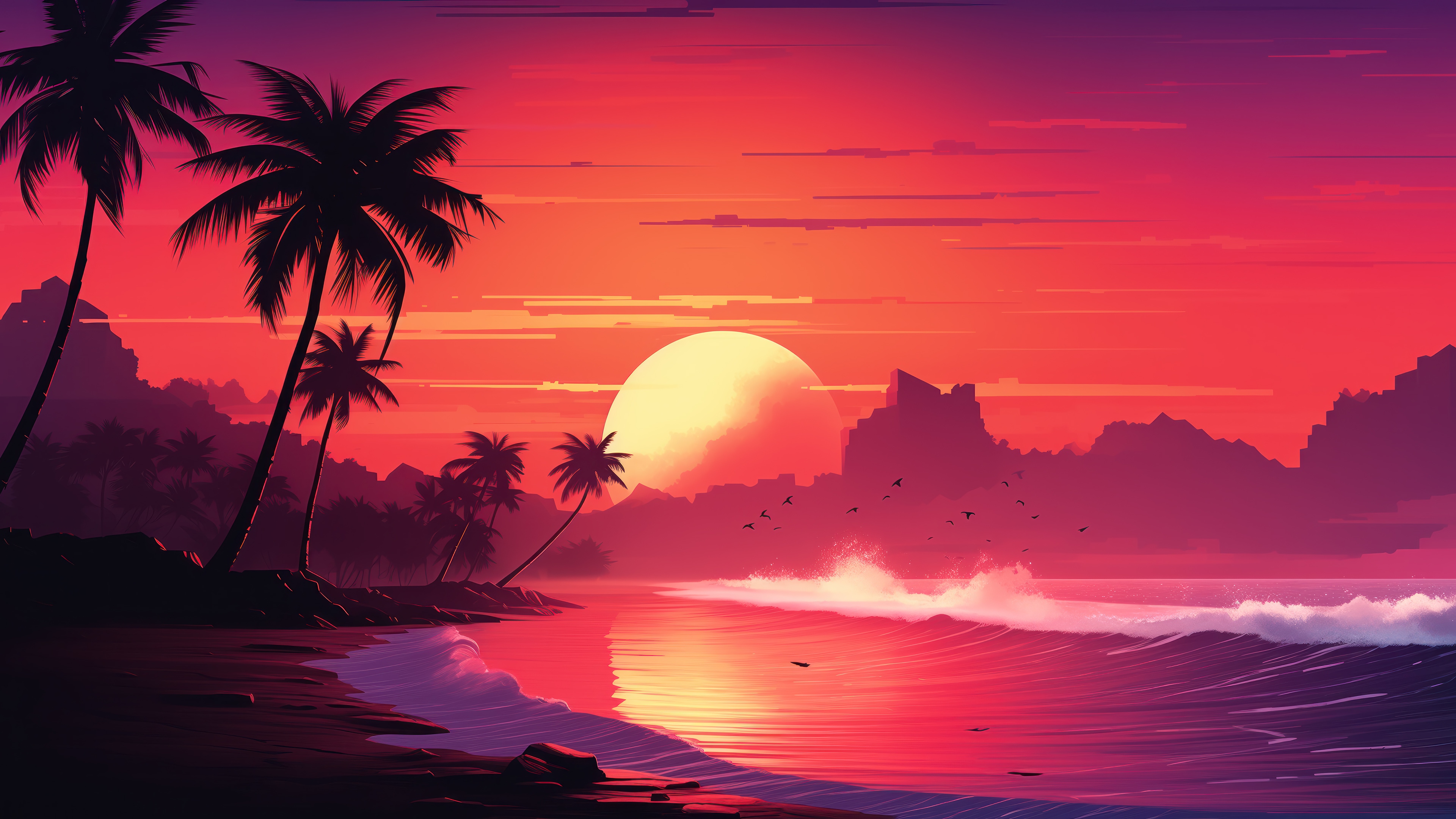 Sunset over a tropical beach with palm trees HD Wallpaper