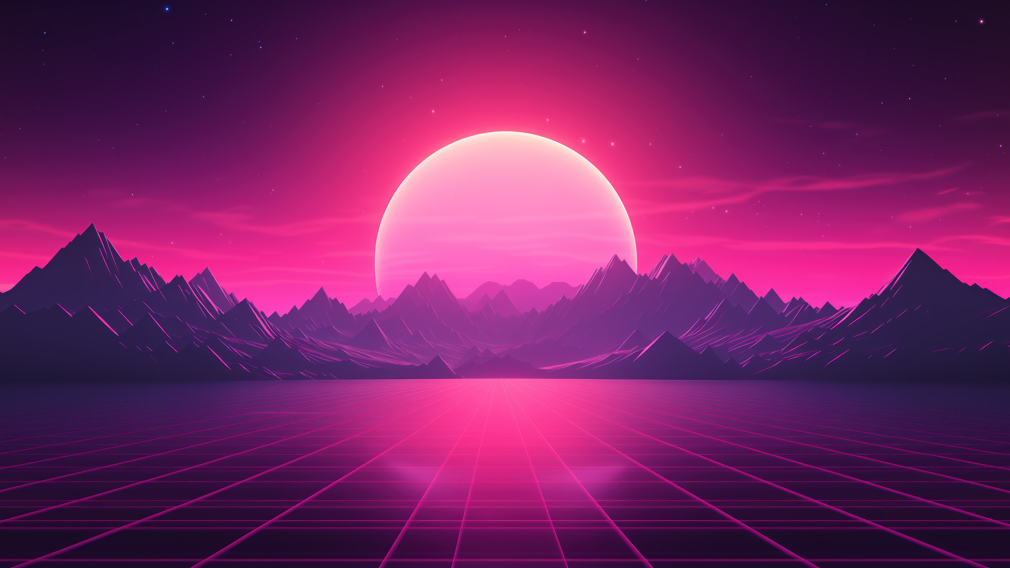 Synthwave Sunset Over Mountains and Grid HD Wallpaper