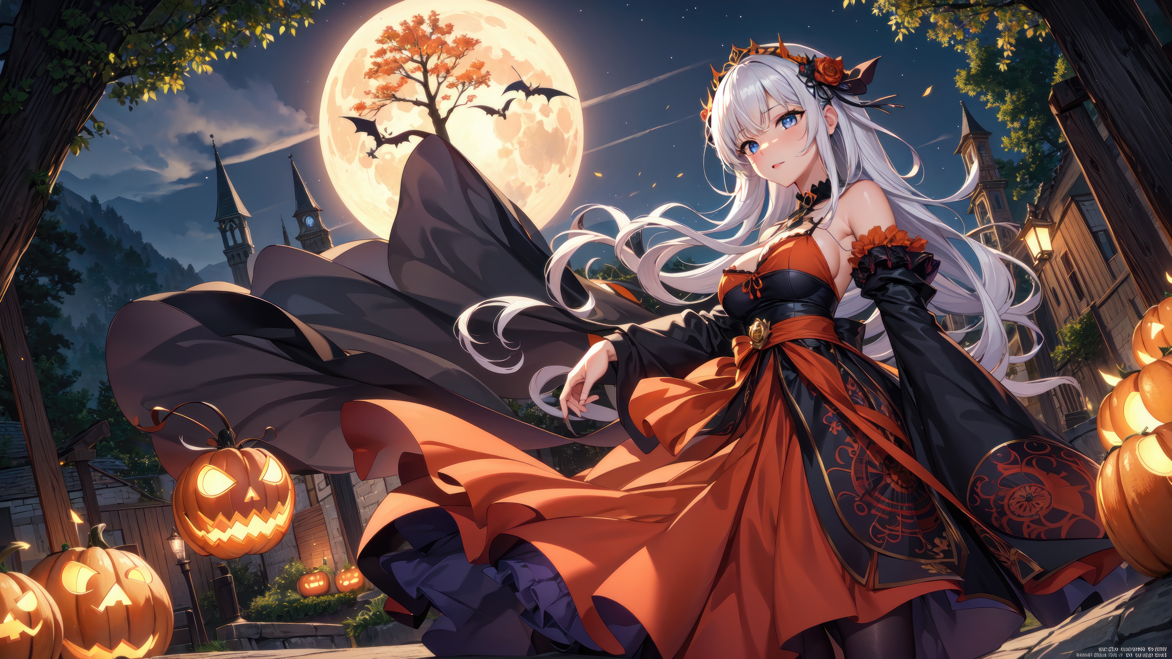 Anime Girl in Halloween Costume Under the Moon 4K HD Wallpaper