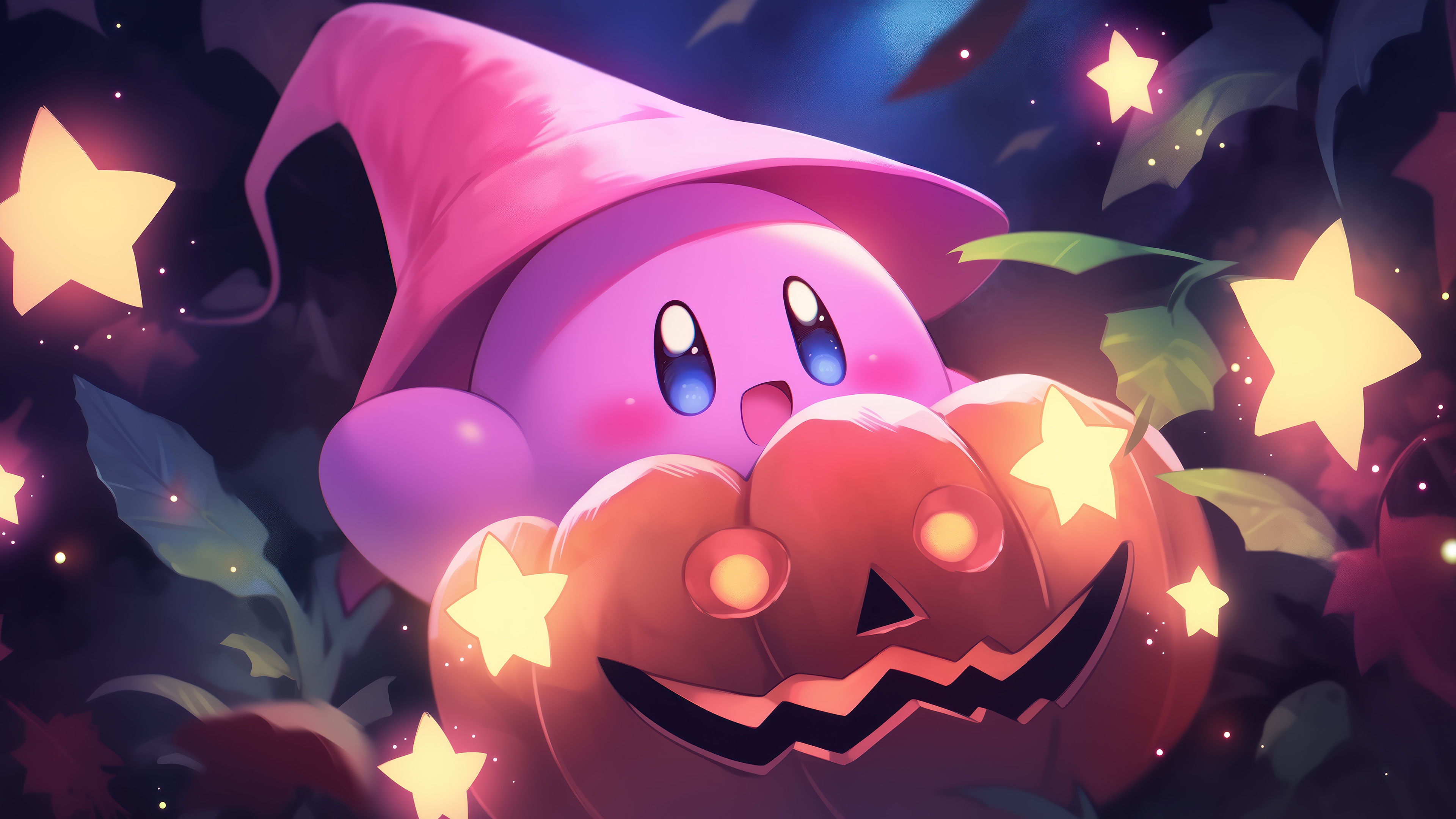 Kirby in a witch hat with a Halloween pumpkin HD Wallpaper