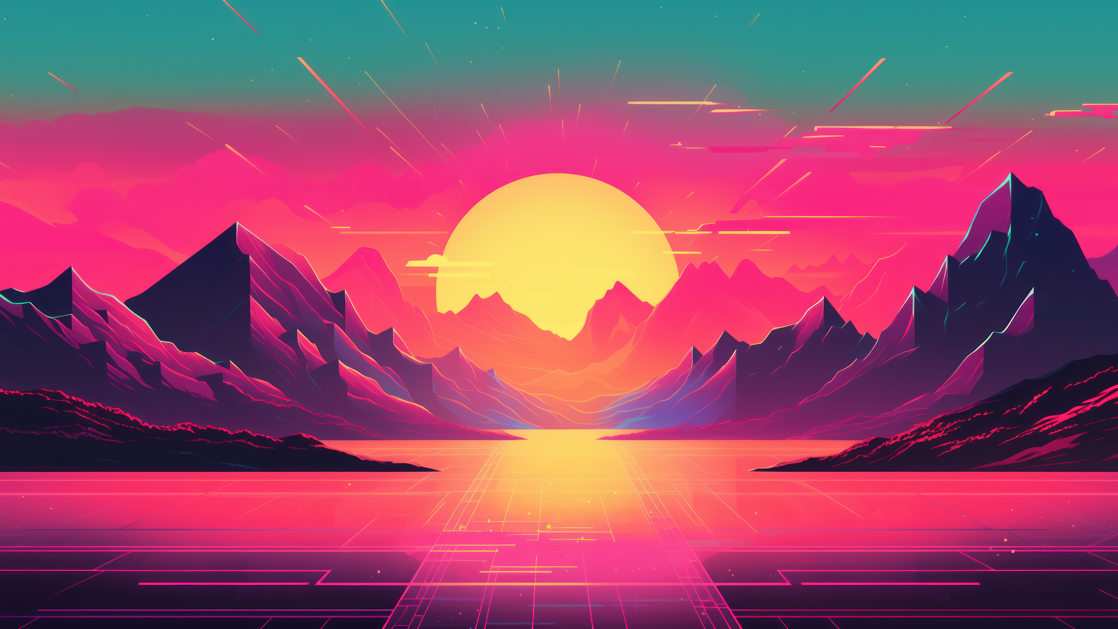 Synthwave Sunset Over Mountains and Water HD Wallpaper