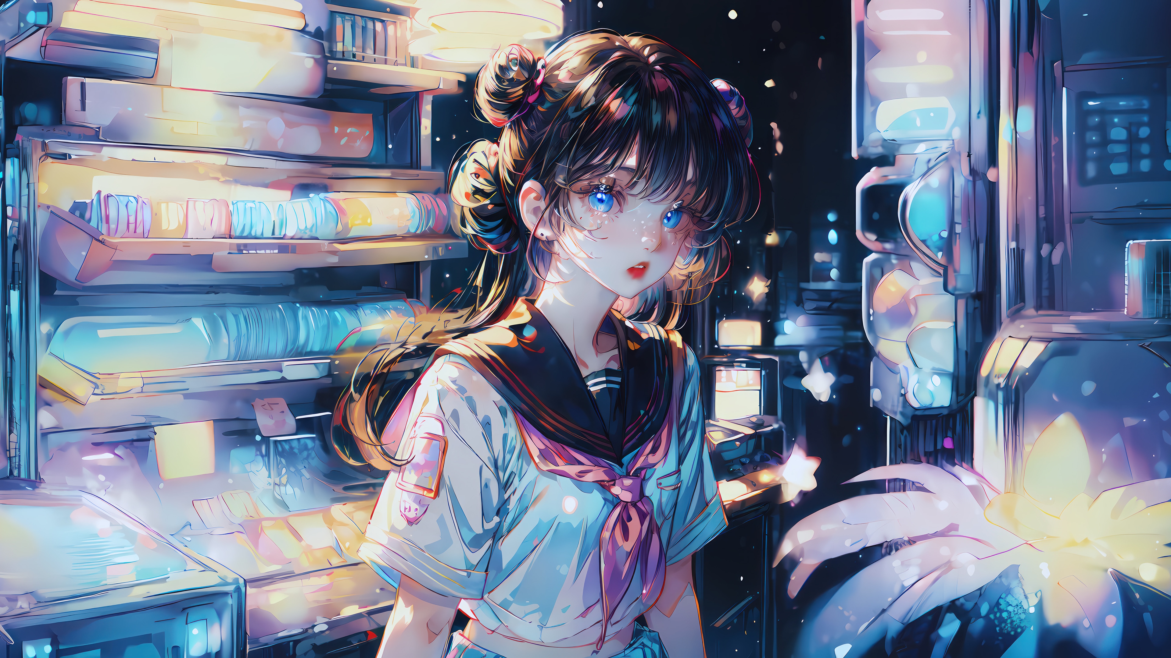 Anime Girl in School Uniform at Night HD Wallpaper