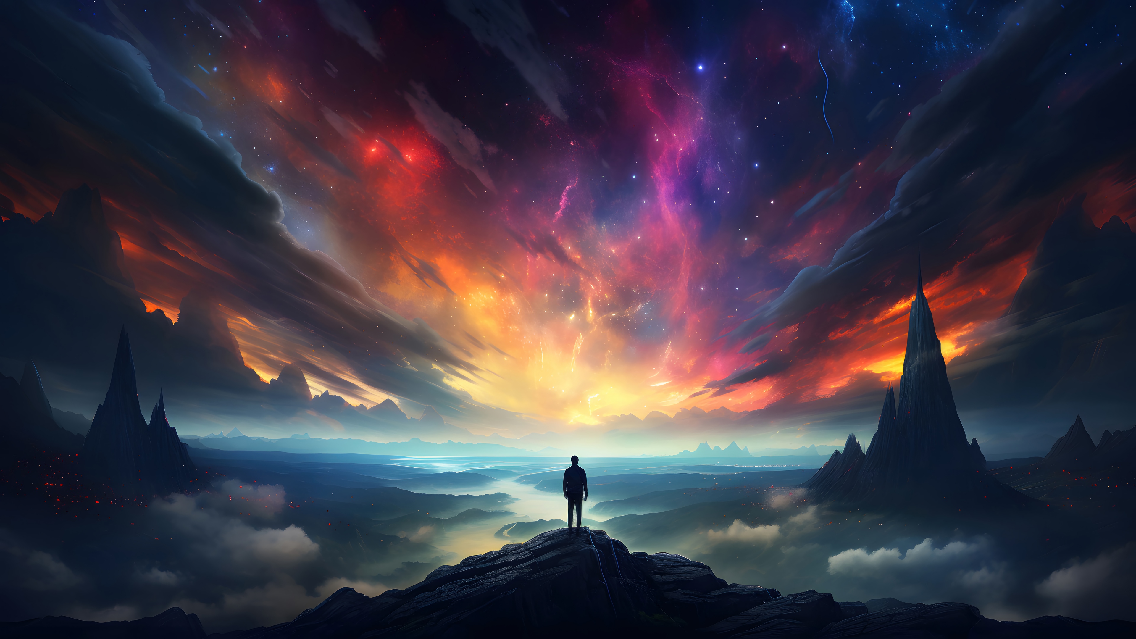 Man Standing on Mountain Overlooking Colorful Nebula Sky 4K HD Wallpaper