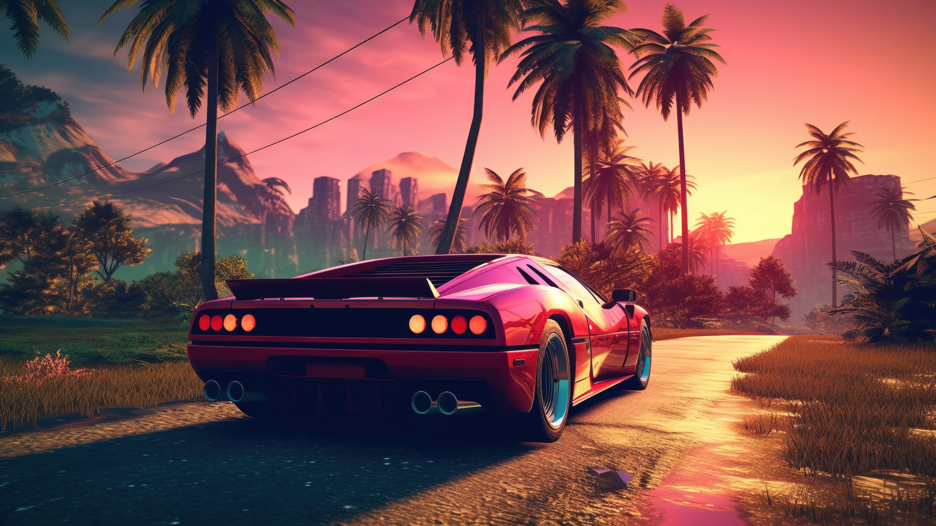 Red Sports Car at Sunset with Palm Trees 4K HD Wallpaper