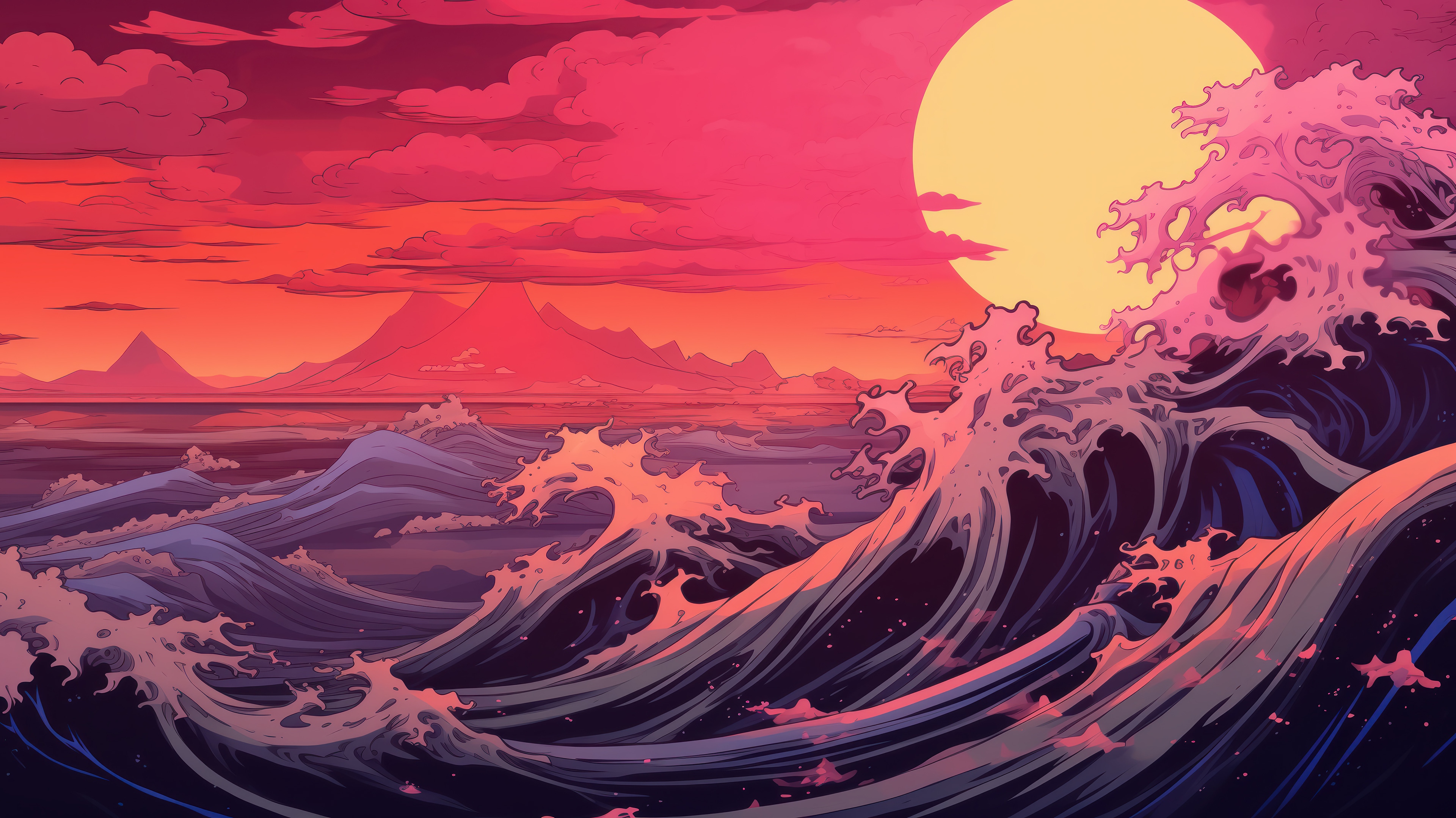 Japanese Ocean Wave Sunset Digital Art 4K HD Wallpaper