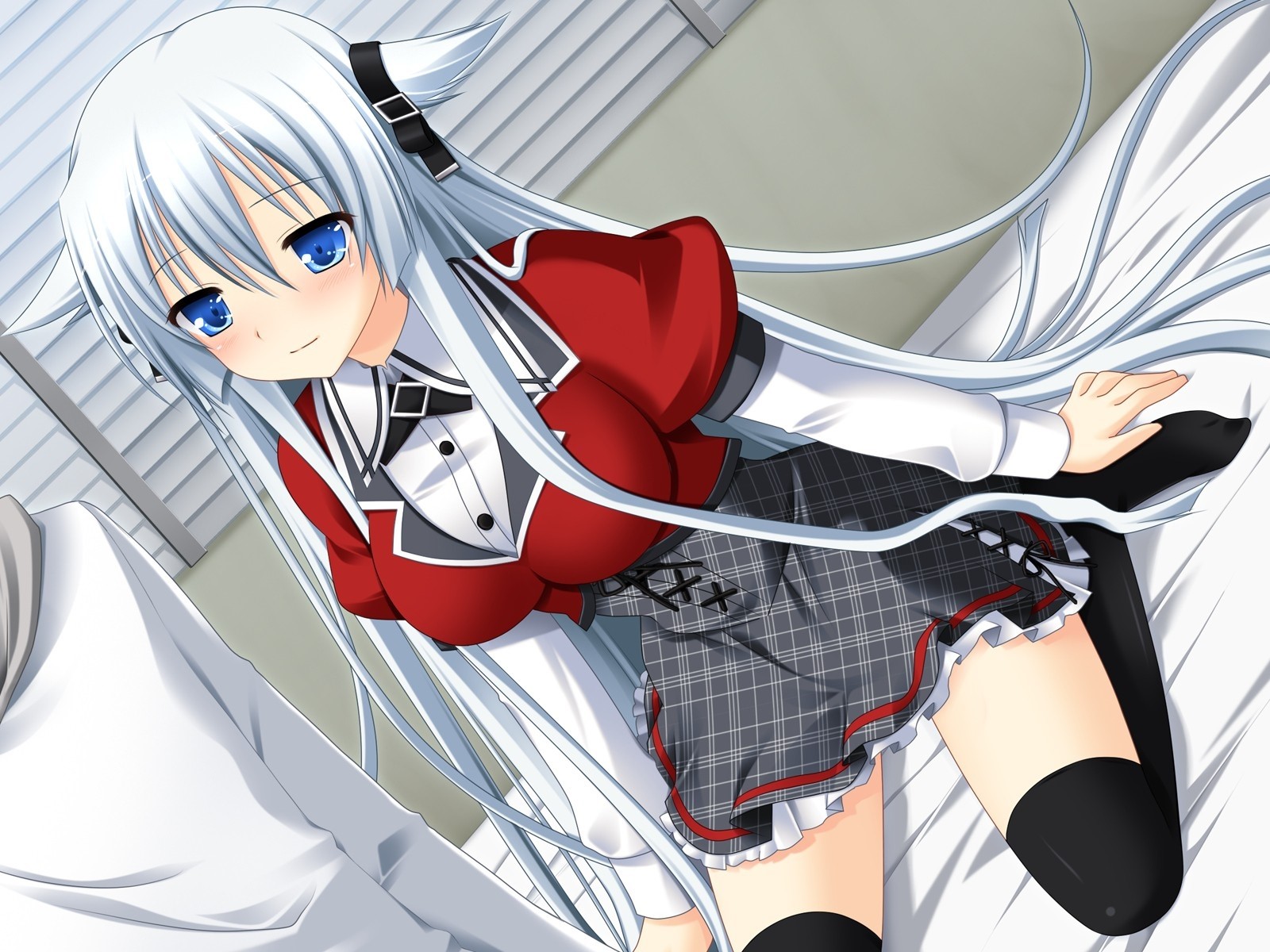 Anime Girl with White Hair on Bed HD Wallpaper