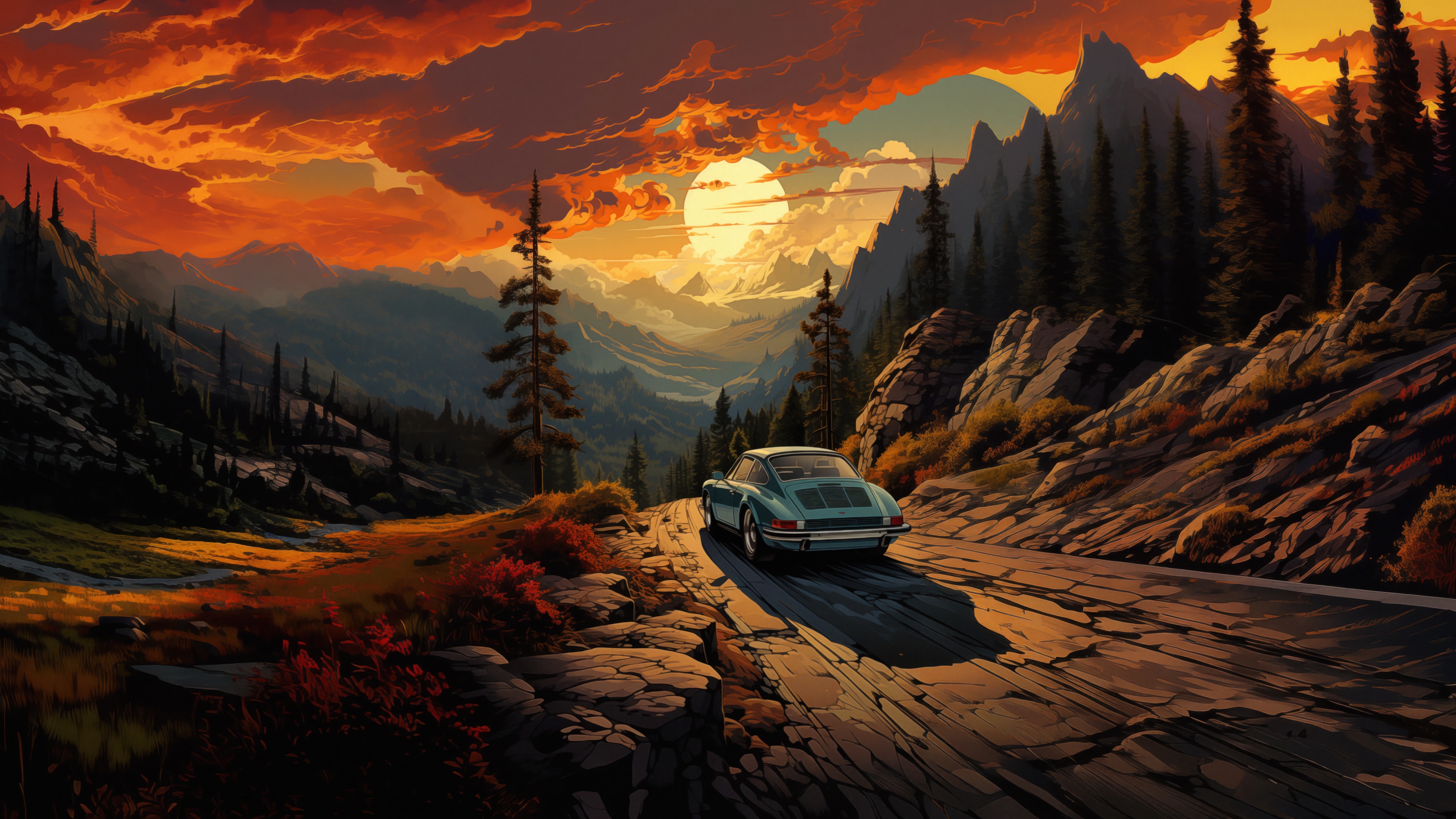 Teal Porsche on a mountain road at sunset 4K HD Wallpaper