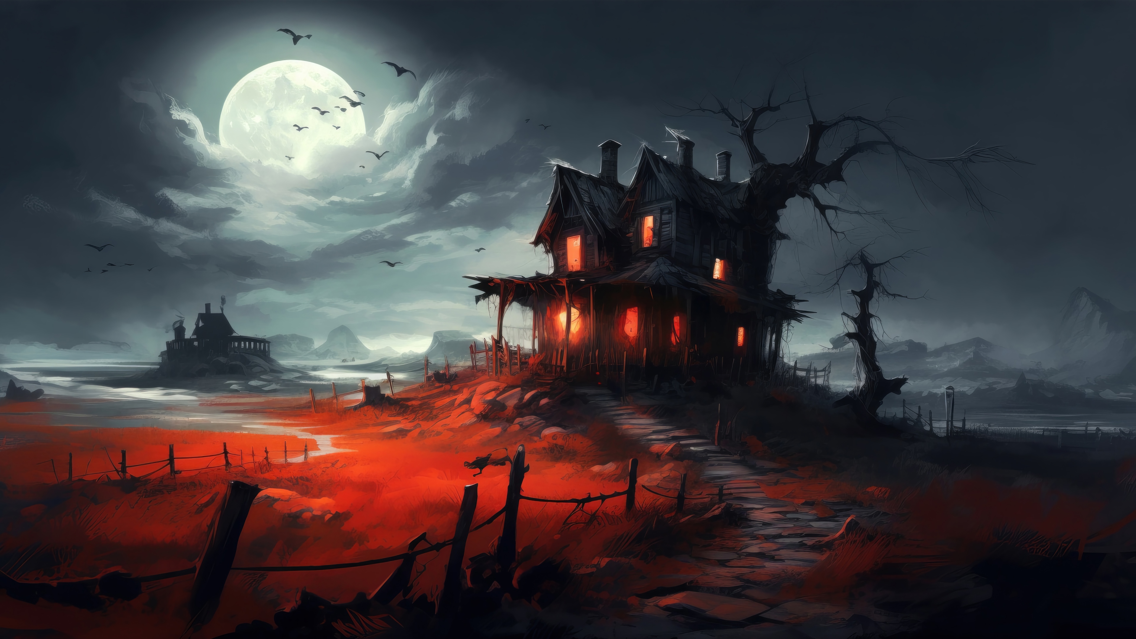 Scary Halloween House on a Hill at Night HD Wallpaper