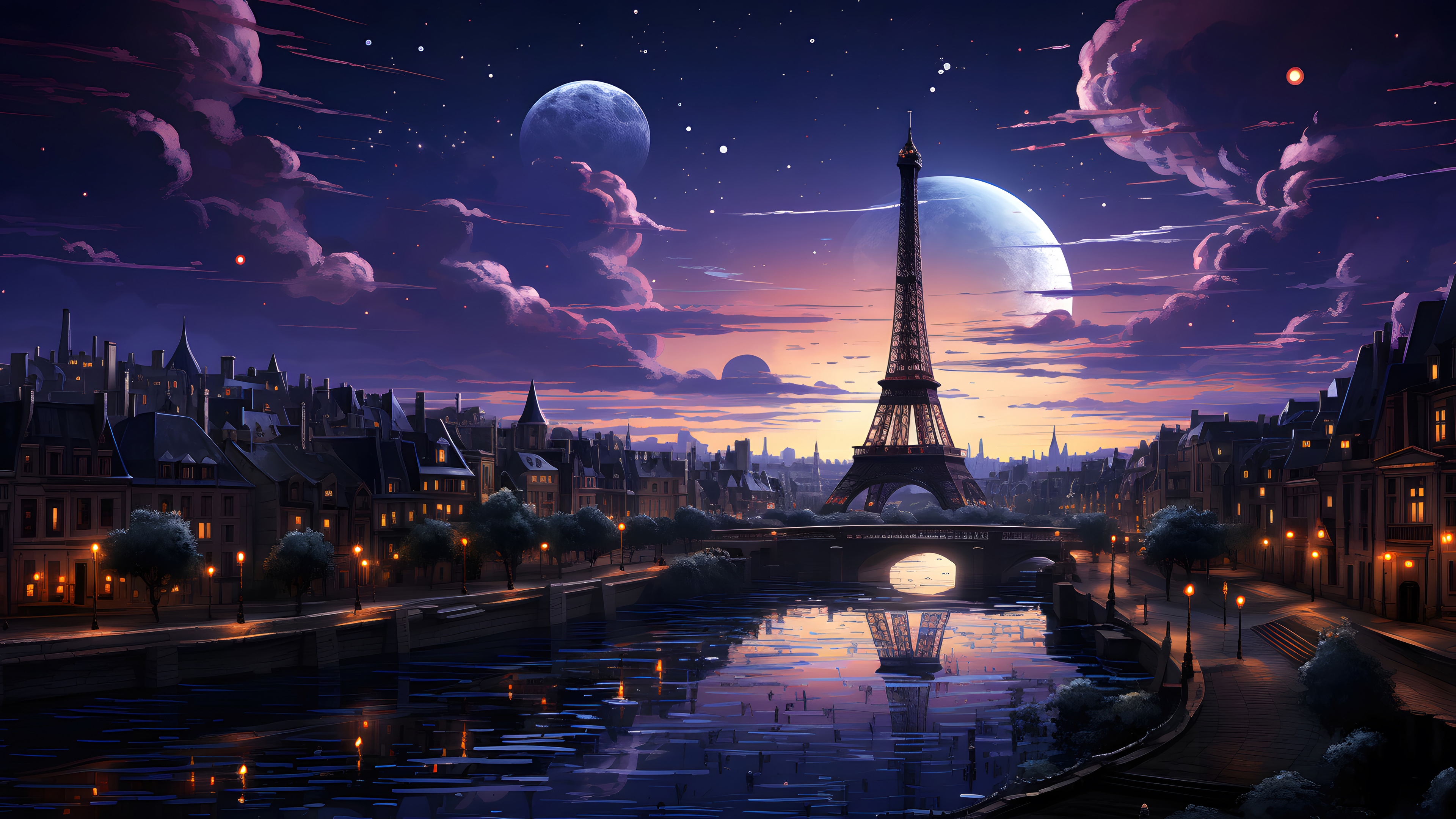 Paris at Night with Giant Moons HD Wallpaper