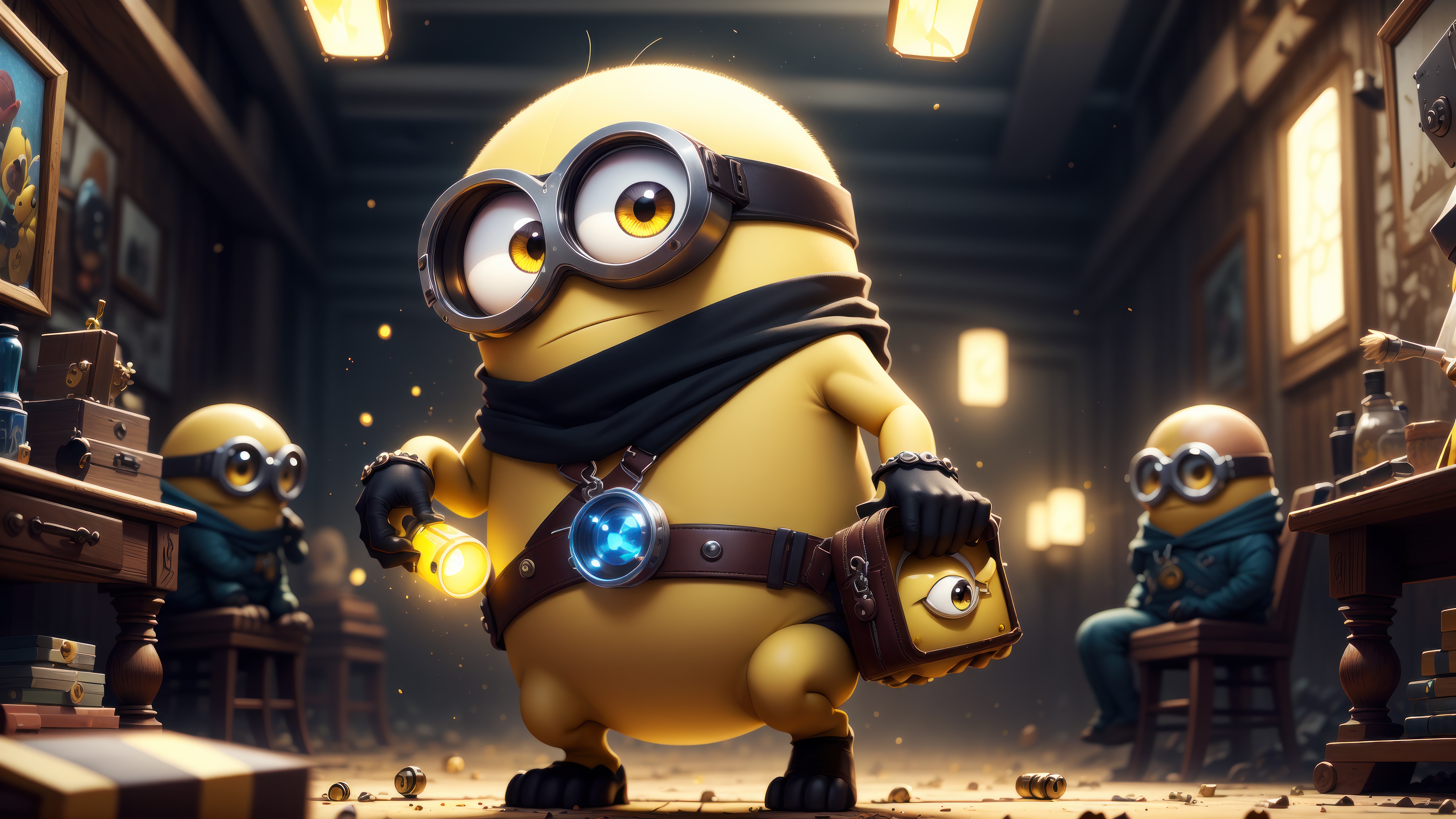 Minion with a flashlight in a room HD Wallpaper