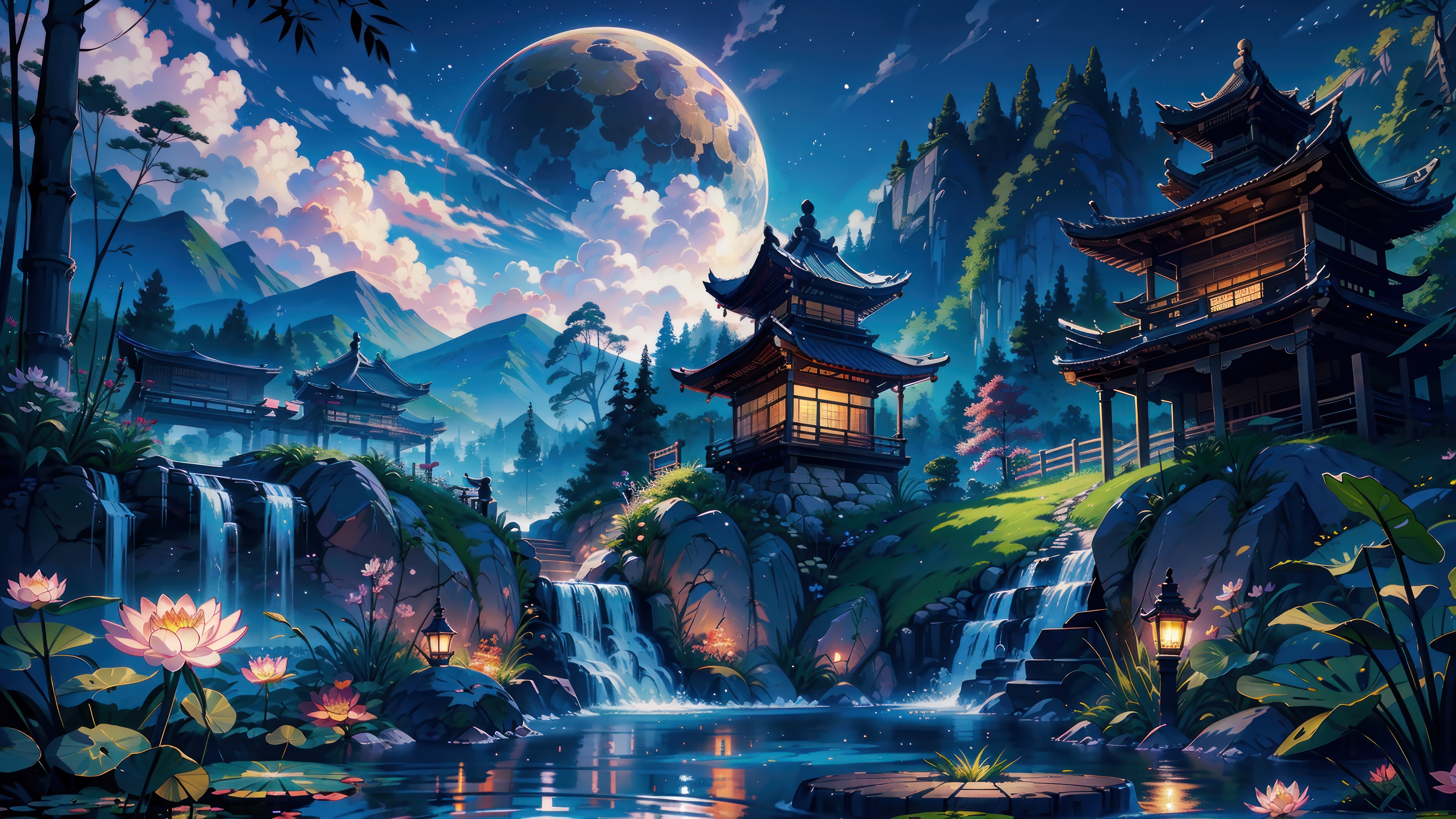 Japanese Pagodas by a Waterfall under the Moon 4K HD Wallpaper