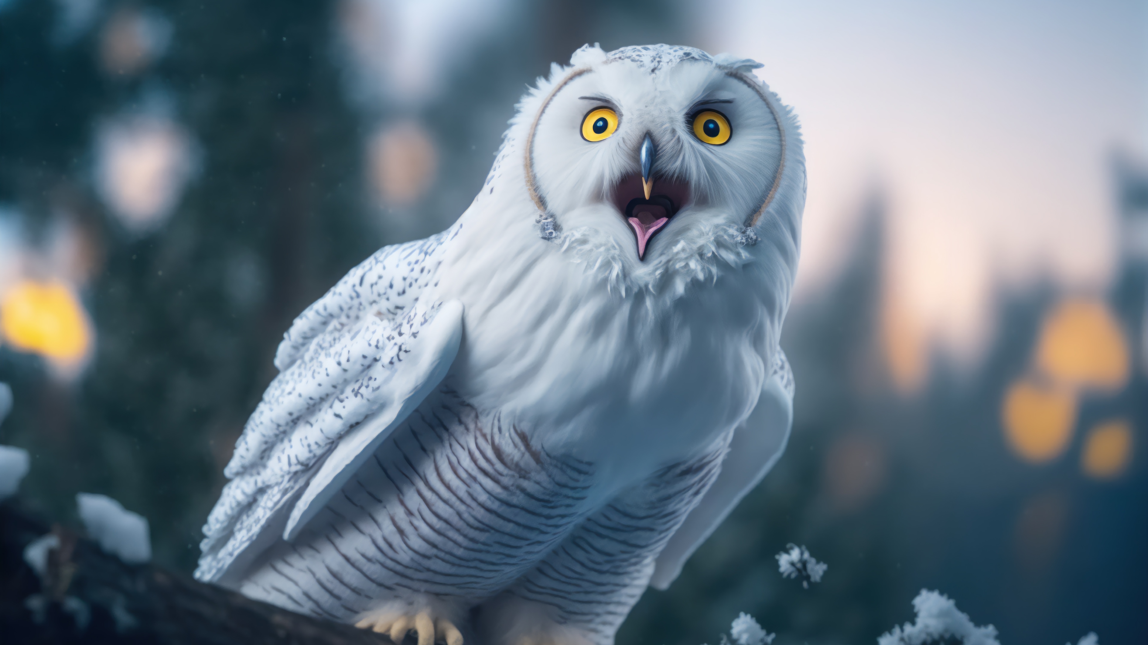 Snowy Owl with Open Beak in Winter Forest 4K HD Wallpaper