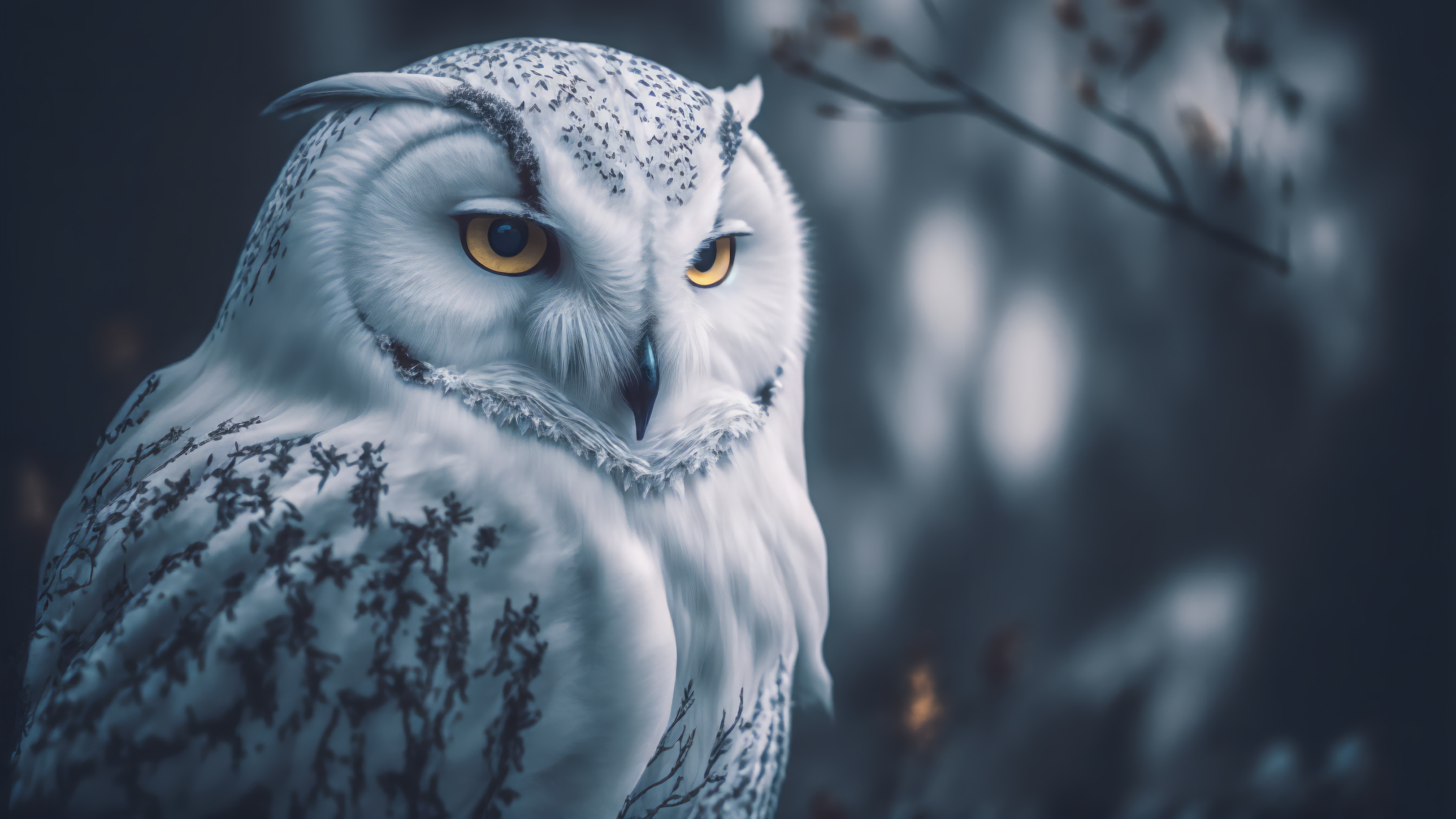 Snowy Owl in a Dark Forest 4K HD Wallpaper