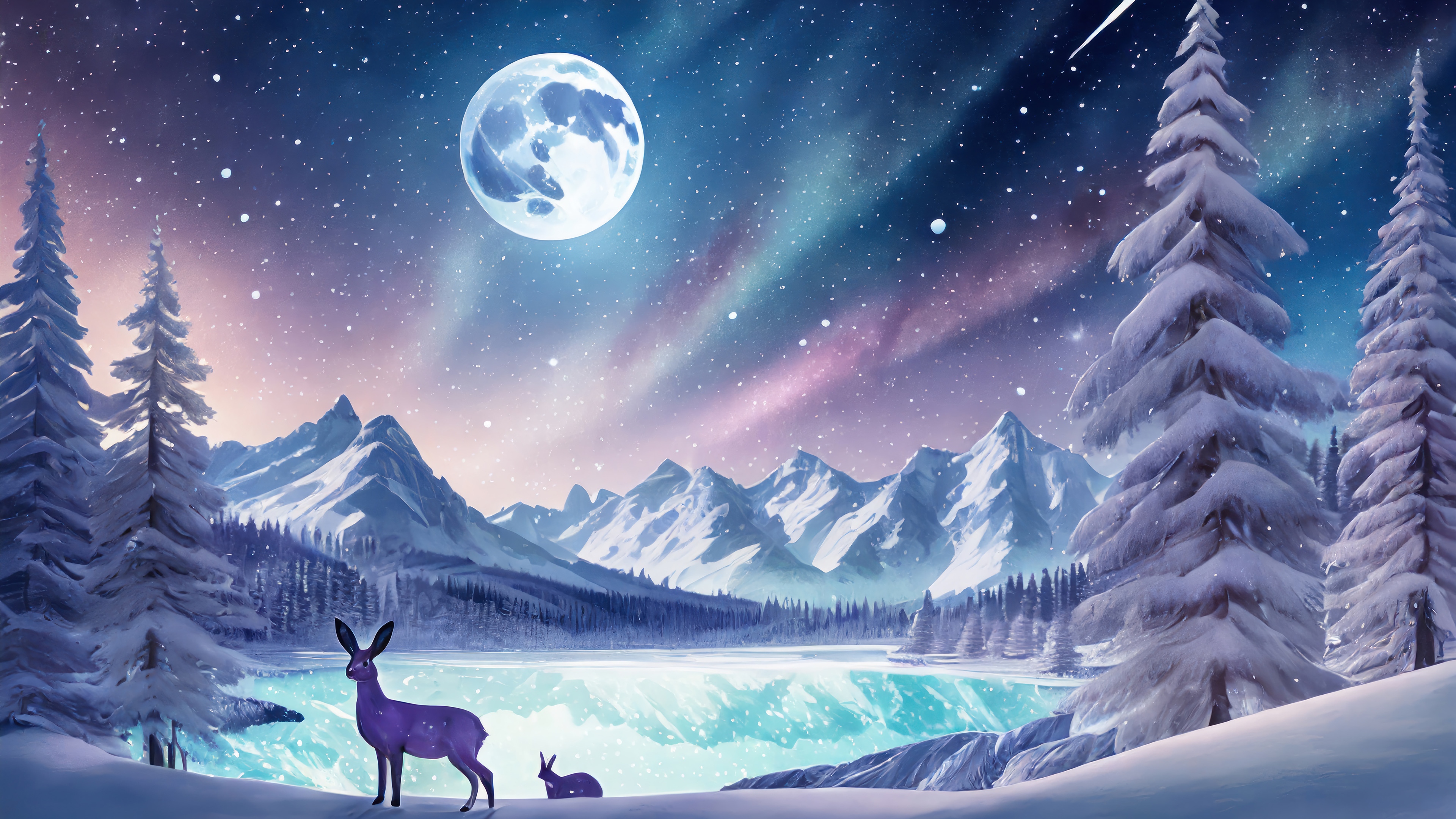 Winter Night Scenery with Moon and Mountains 4K HD Wallpaper