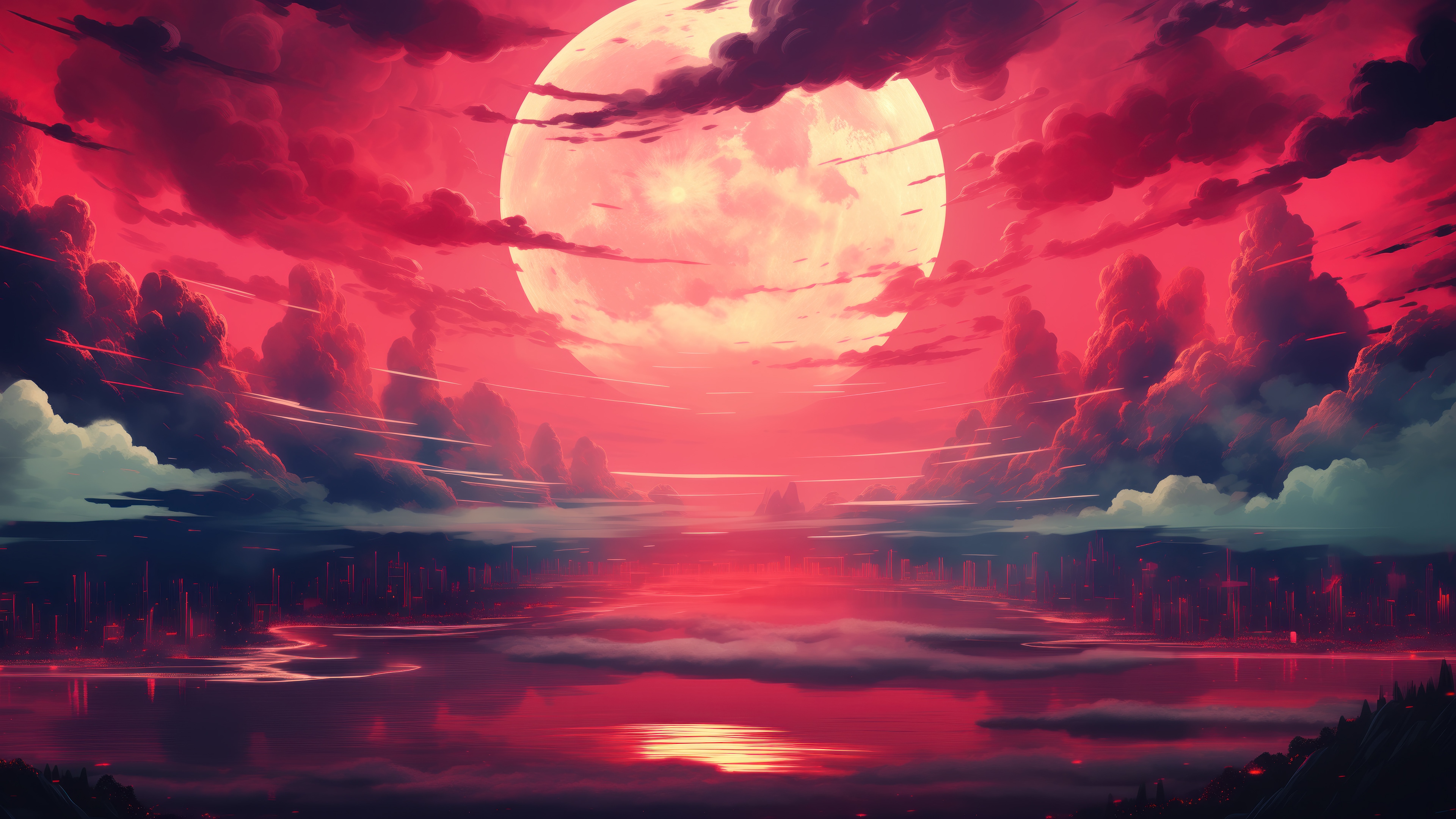 Crimson Sky with Large Moon and Clouds 4K HD Wallpaper