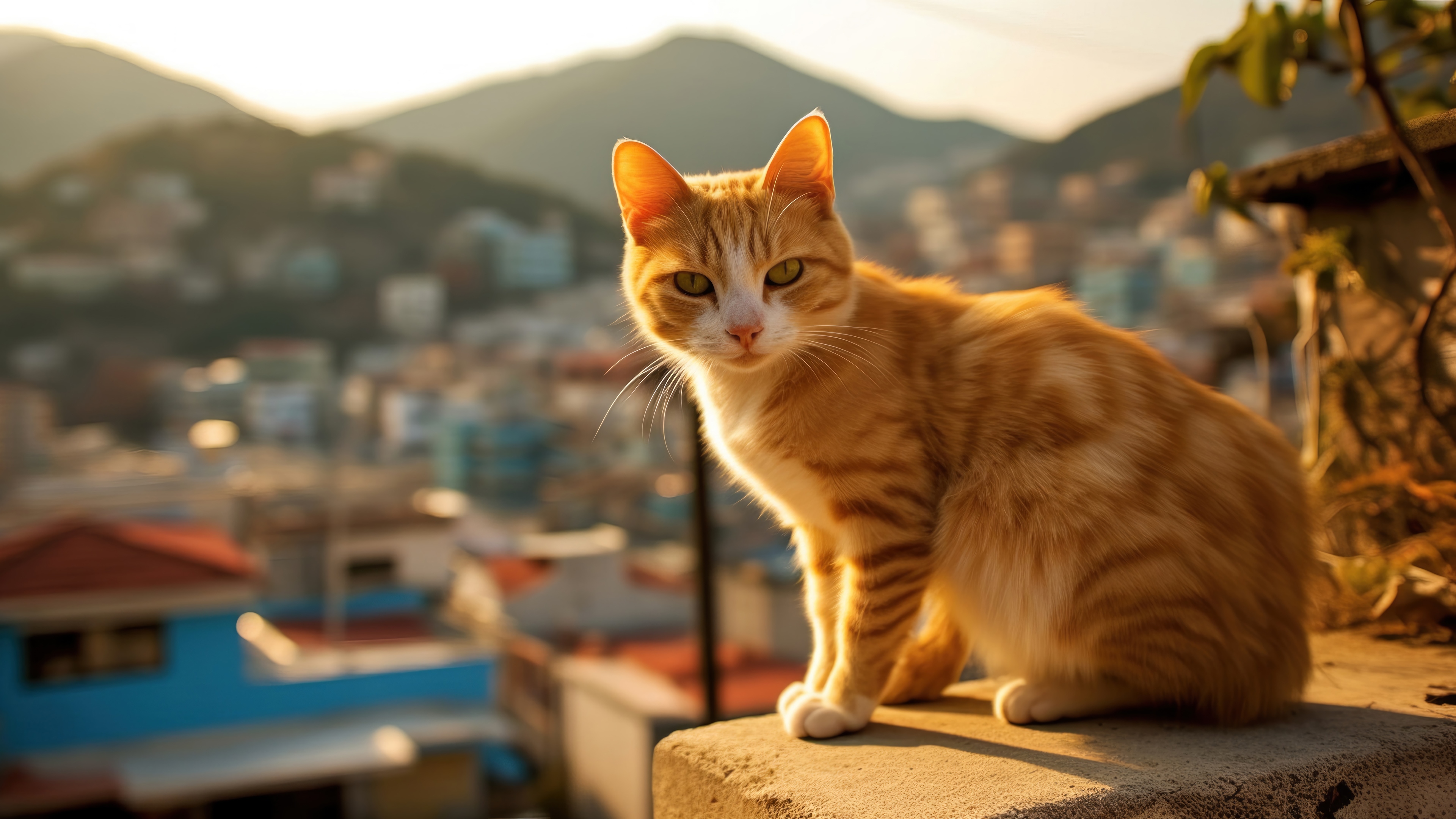 Orange tabby cat sitting on a ledge with a city in the background HD Wallpaper