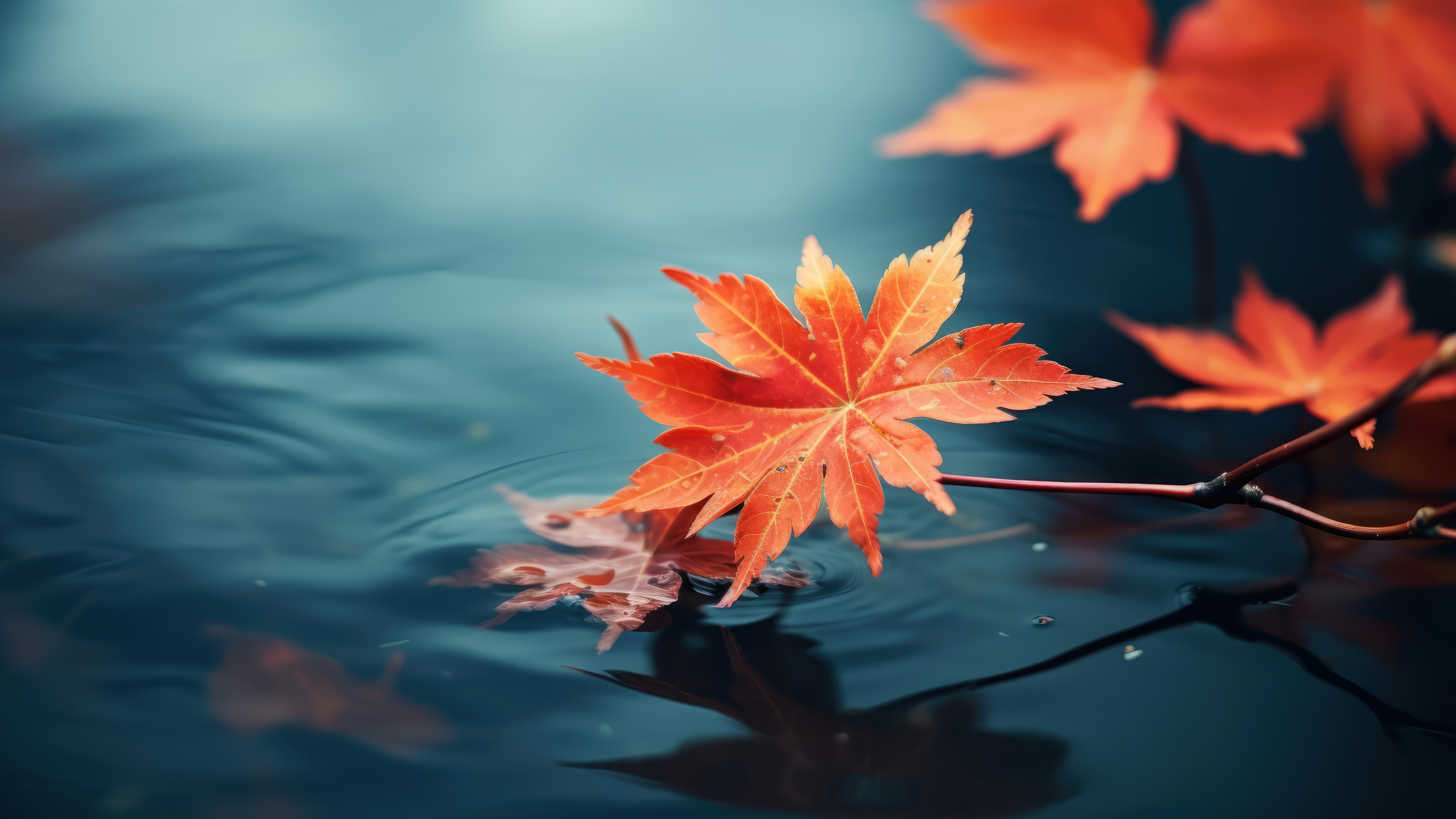 Autumn Maple Leaves Floating on Water 4K HD Wallpaper