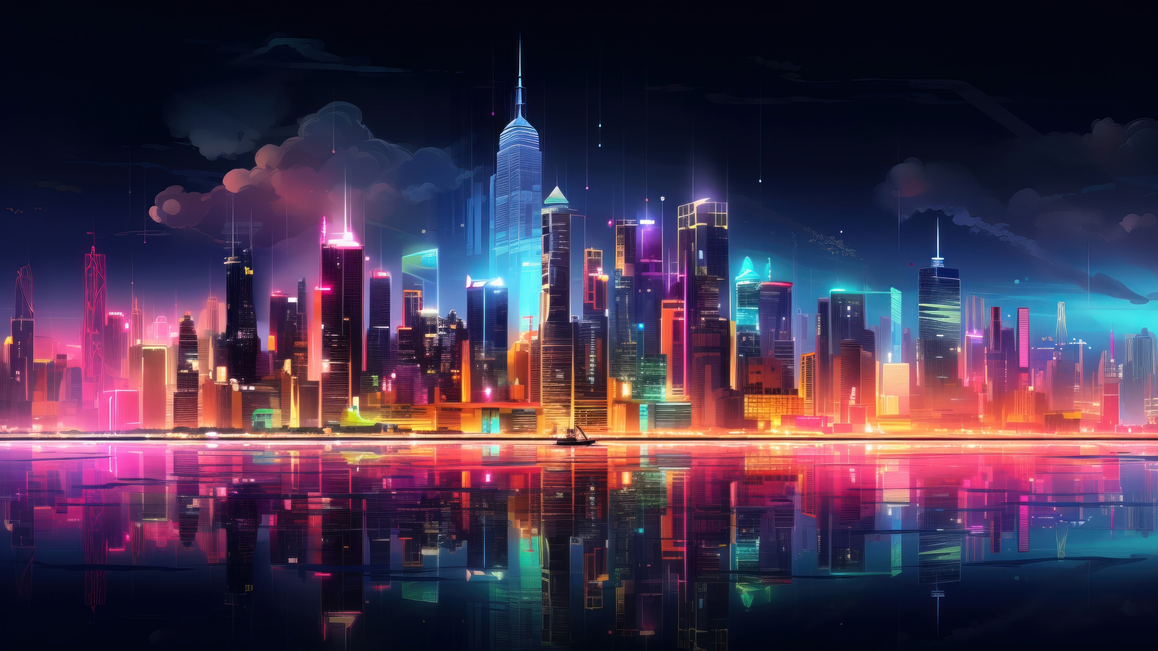 Colorful Cityscape at Night with Reflections 4K HD Wallpaper