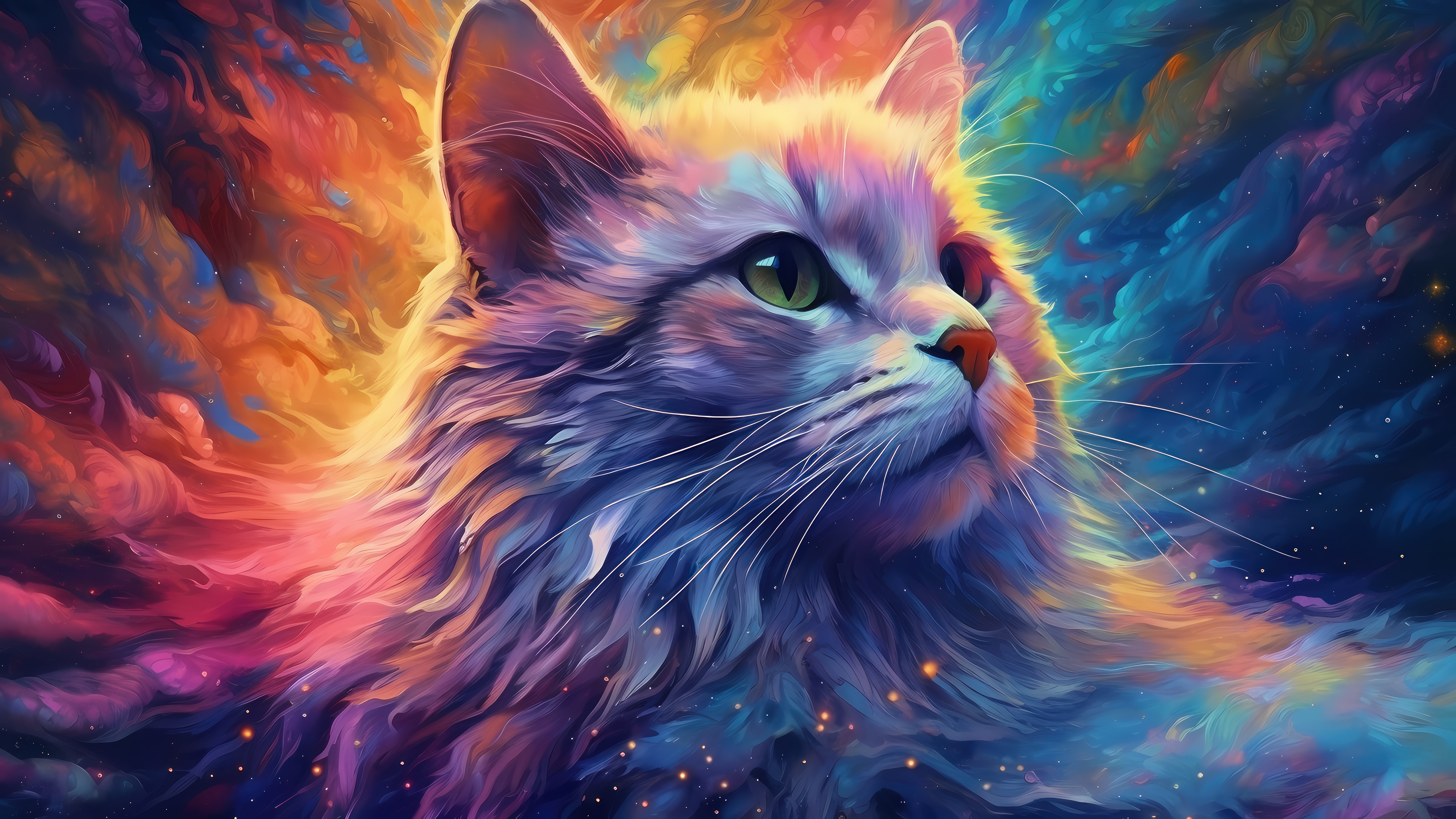 Colorful Cat in Cosmic Background 4K HD Wallpaper