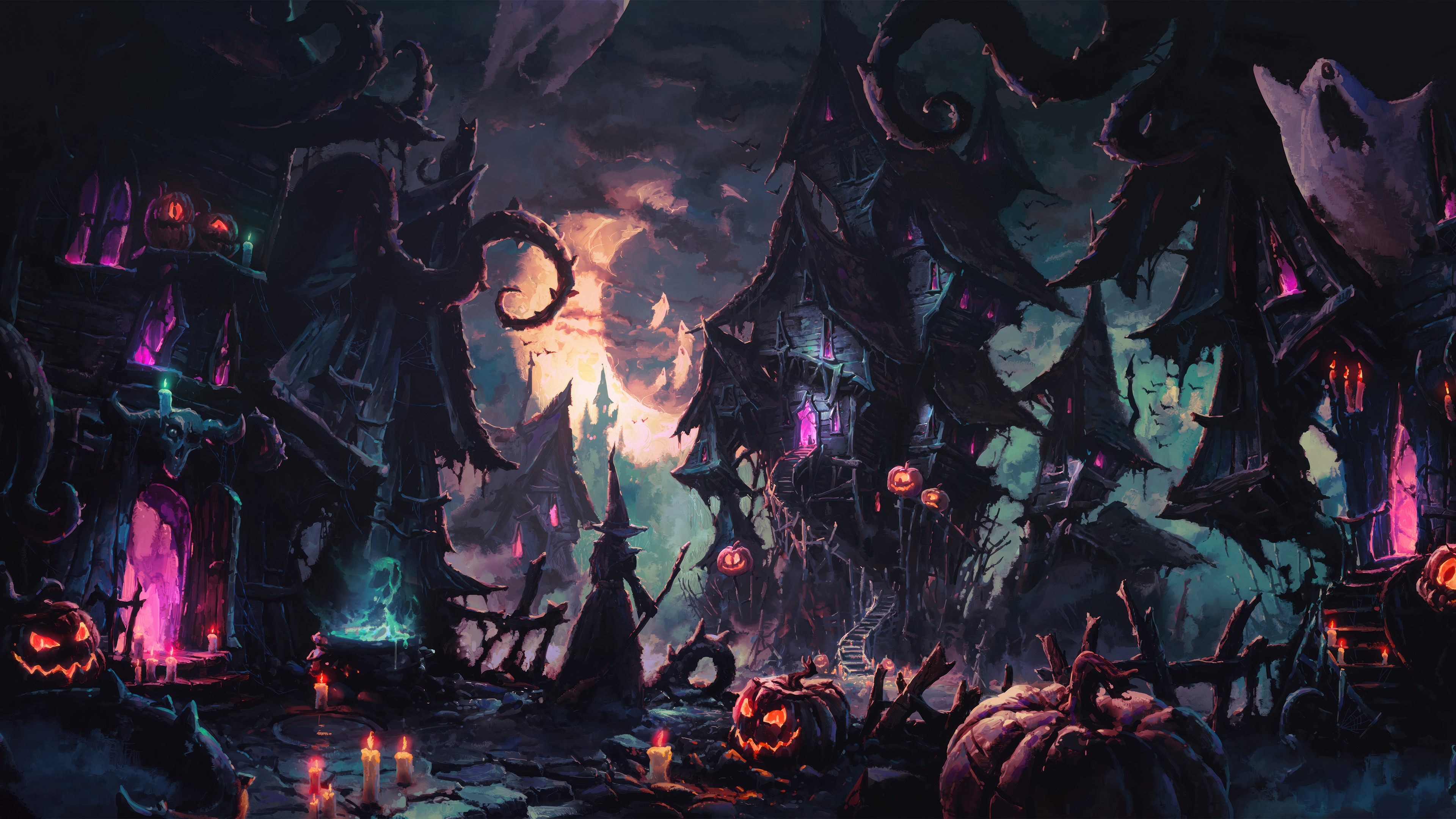 Halloween Village at Night with Witch and Pumpkins 4K HD Wallpaper