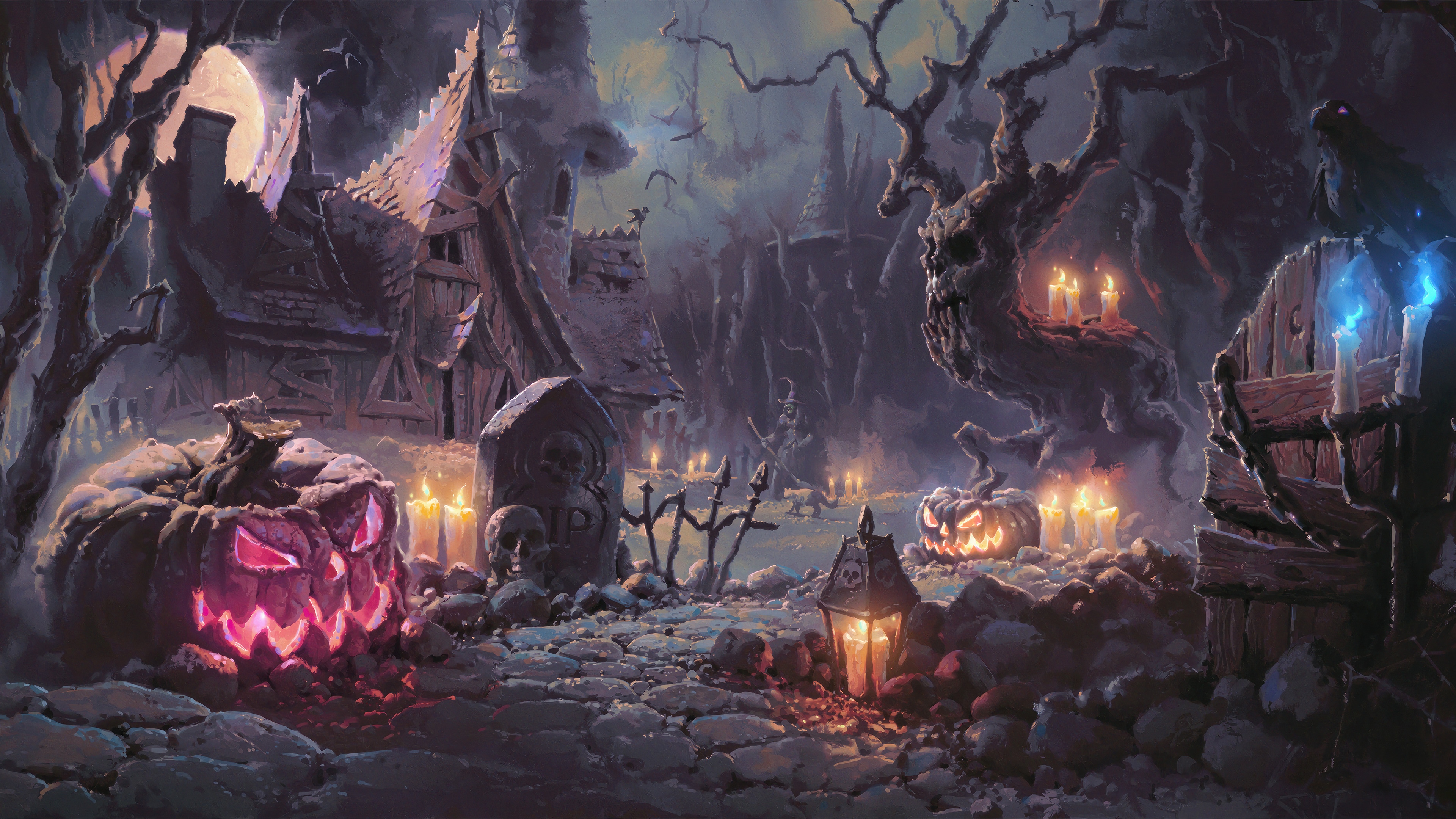 Halloween Village Graveyard with Pumpkins and Candles 4K HD Wallpaper