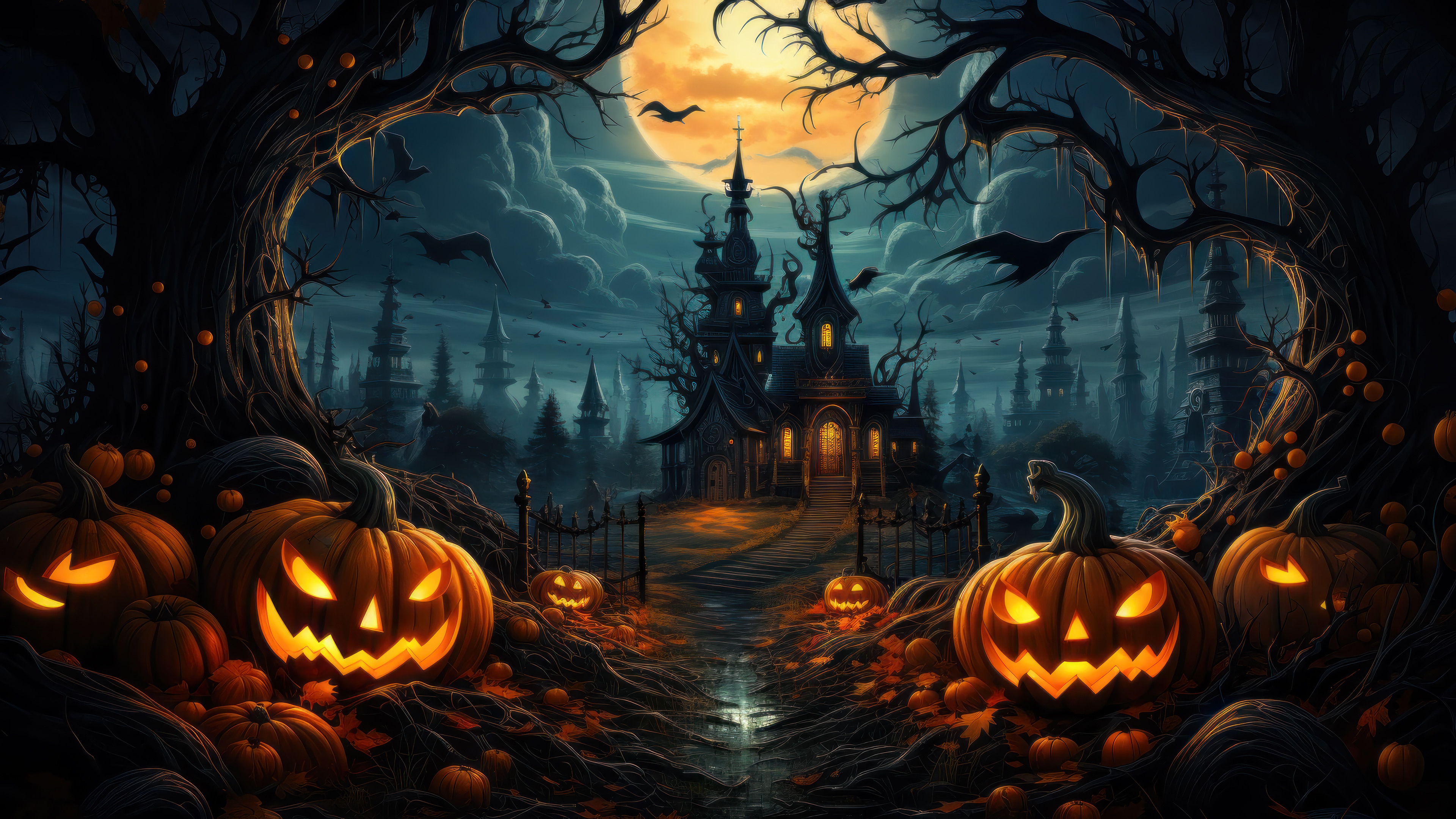 Halloween Night with Pumpkins and Haunted House 4K HD Wallpaper