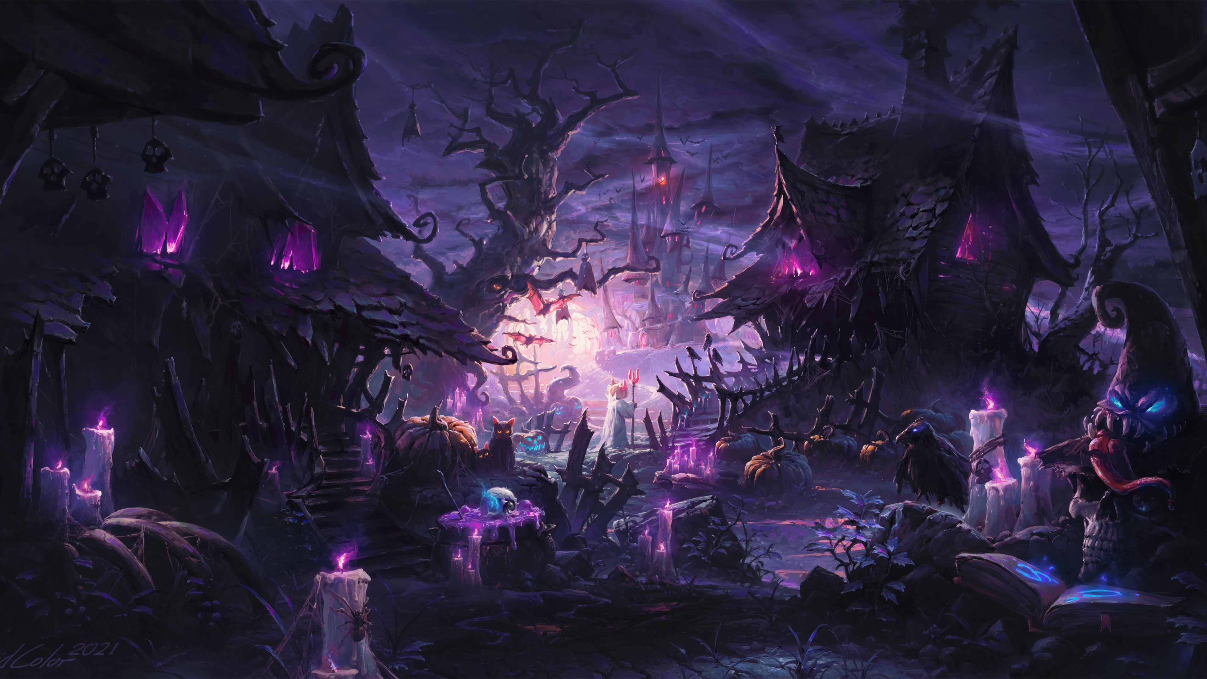 Halloween Village with Purple Lights 4K HD Wallpaper