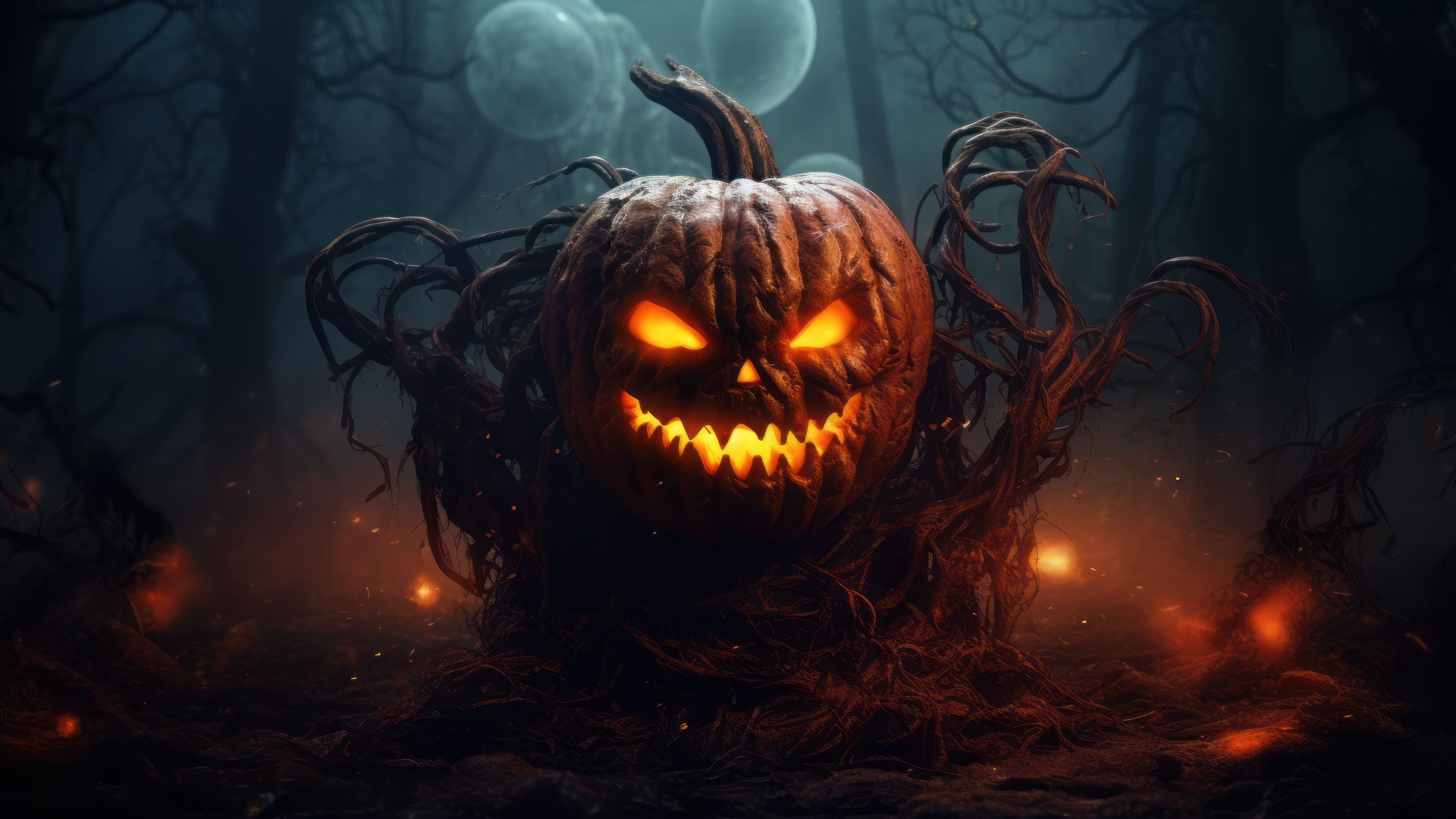 Scary Jack-o'-lantern in a dark forest 4K HD Wallpaper