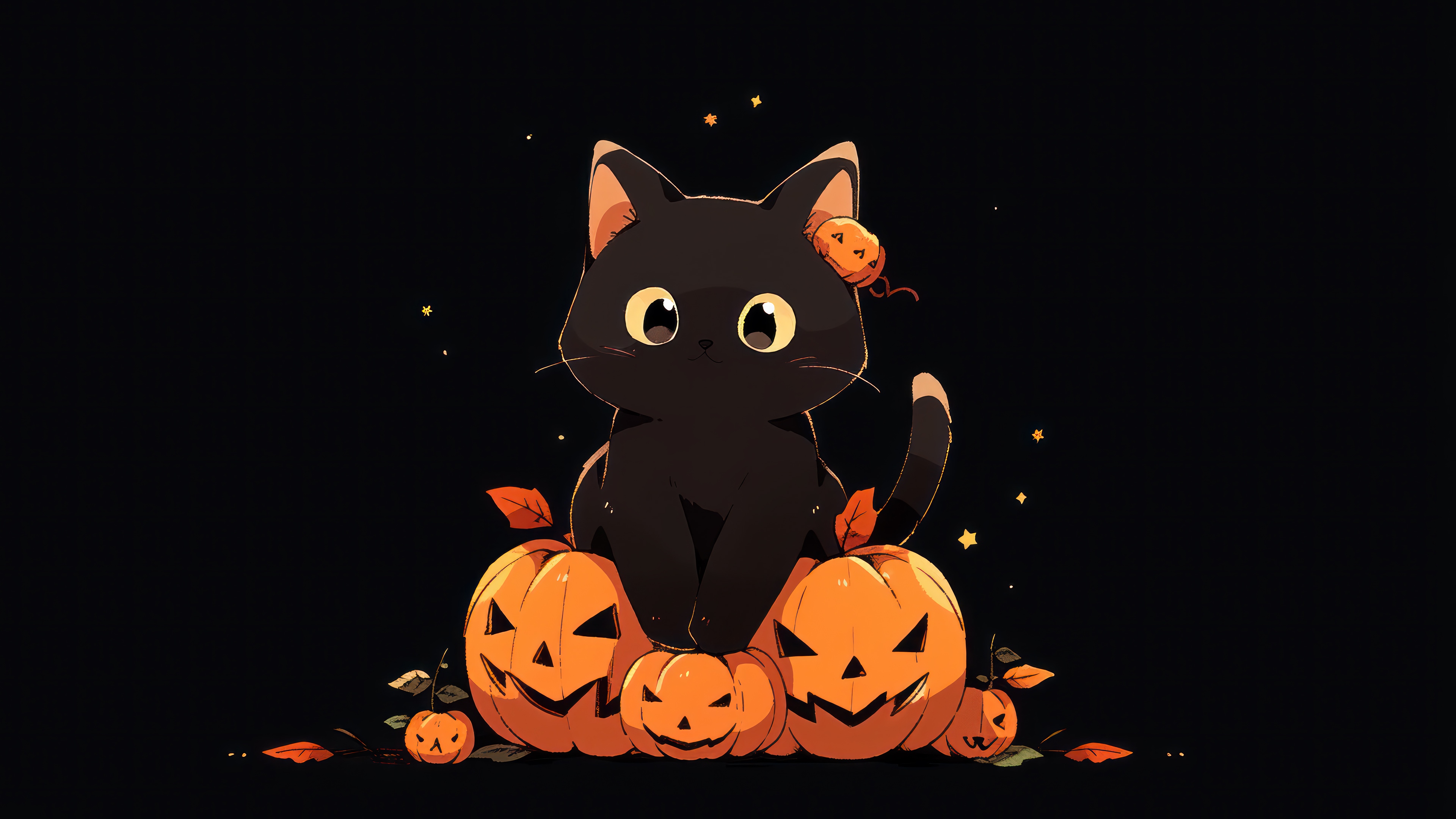 Black Cat Sitting on Pumpkins for Halloween 4K HD Wallpaper