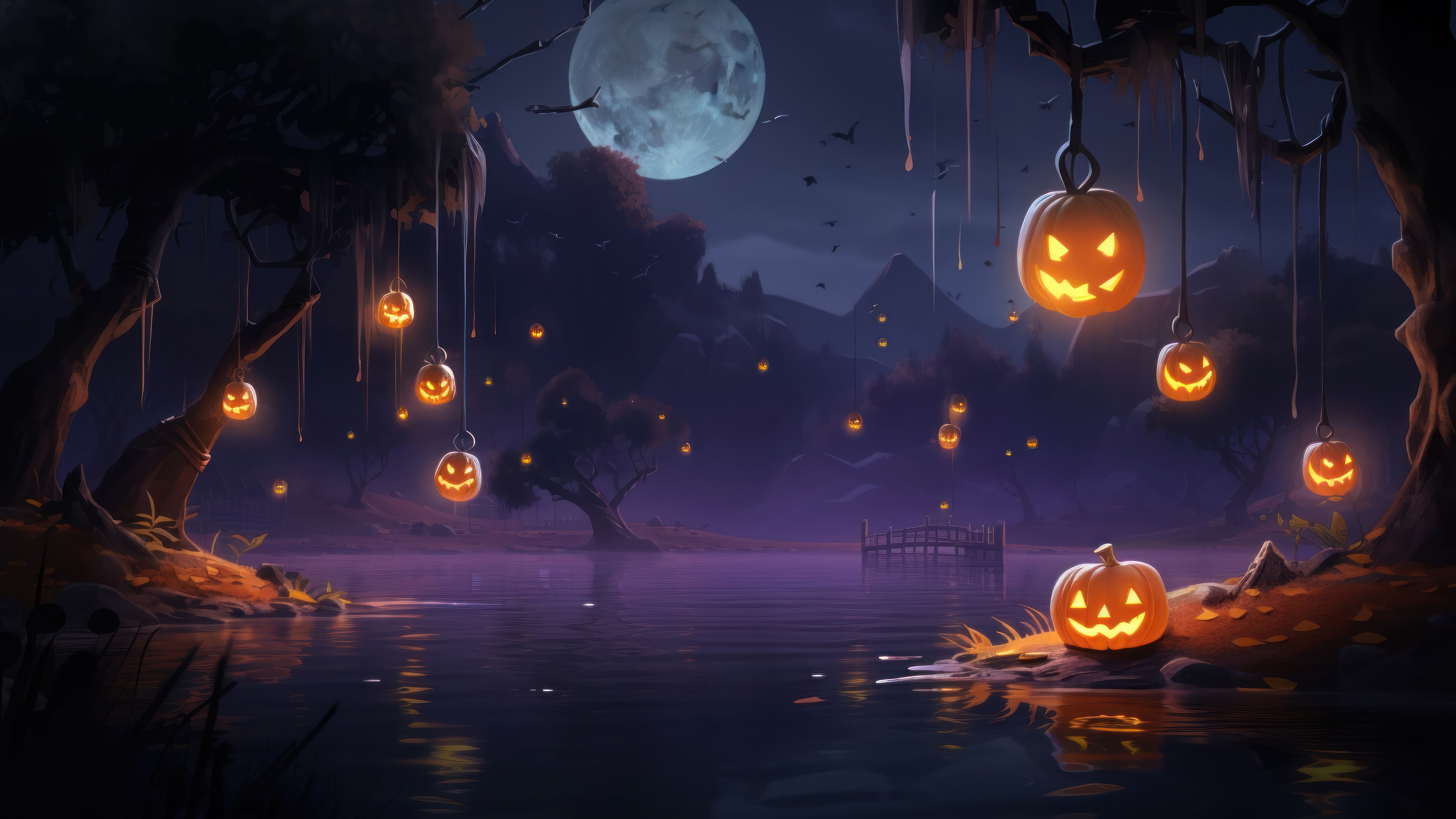 Halloween Night with Pumpkins and Moon 4K HD Wallpaper