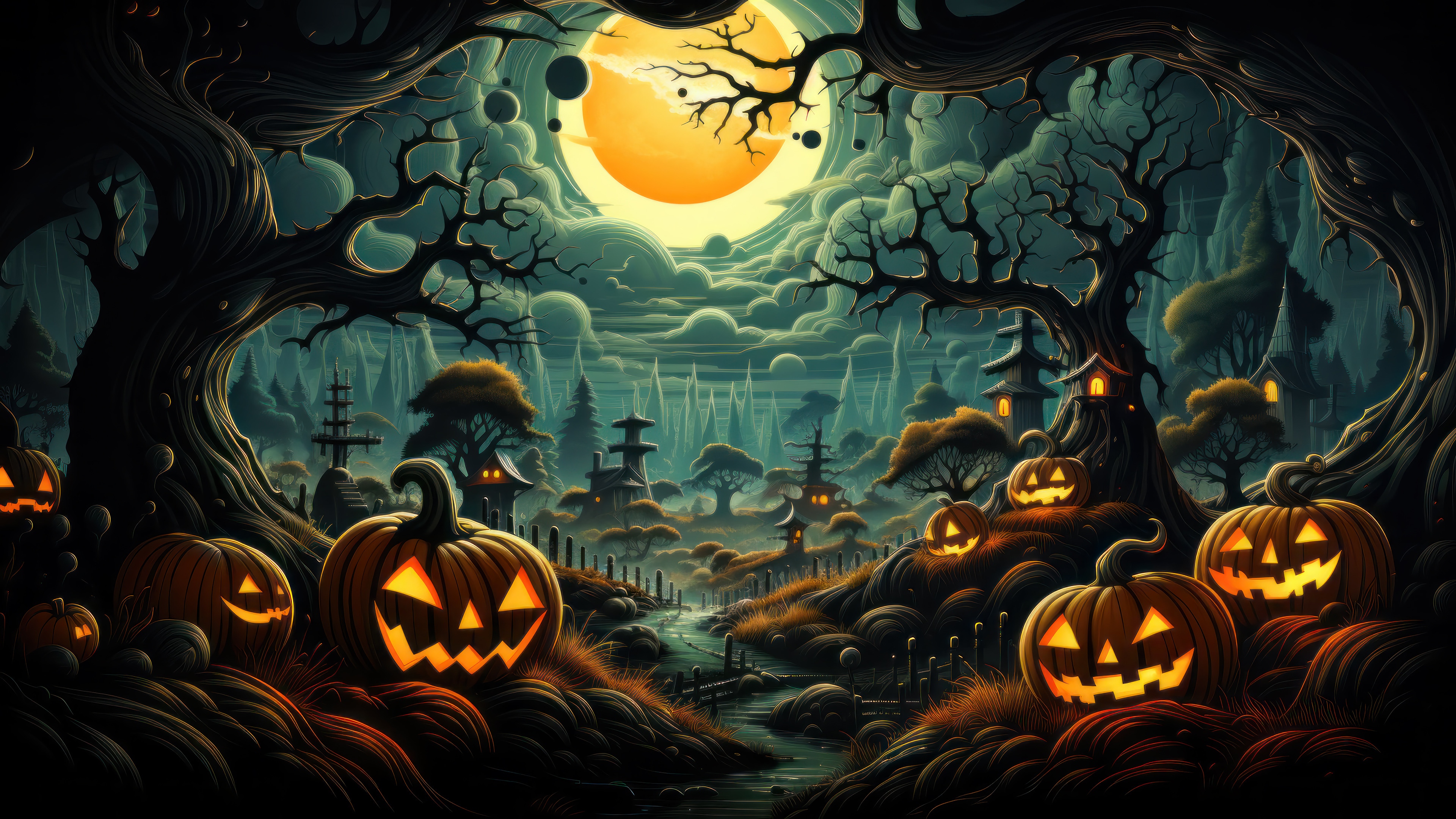 Halloween Night with Glowing Pumpkins and Spooky Trees HD Wallpaper