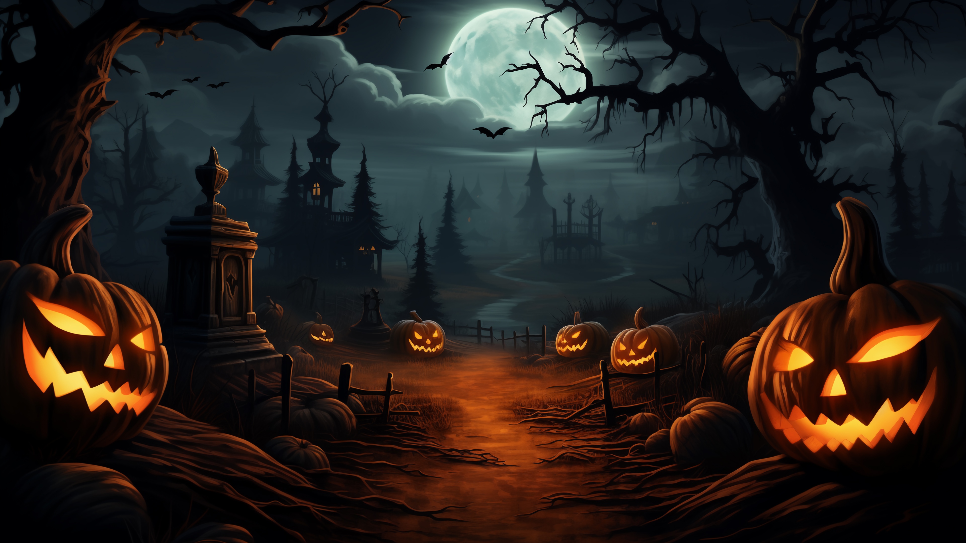 Halloween Night with Pumpkins and Moon 4K HD Wallpaper